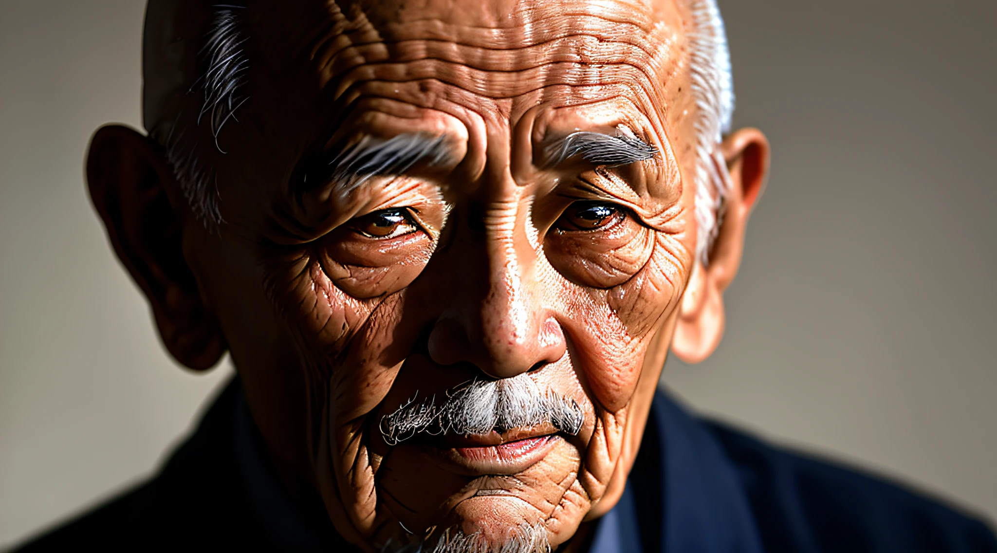 A photographic portrait of an elderly Chinese man, a wise ancient bald, with wrinkled and aged skin. His eyes have a penetrating gaze, and his face displays prominent details. The photograph was taken in a dark studio, with ring light illumination, using a Nikon D850 camera and a 50mm lens with f/1.4 aperture.