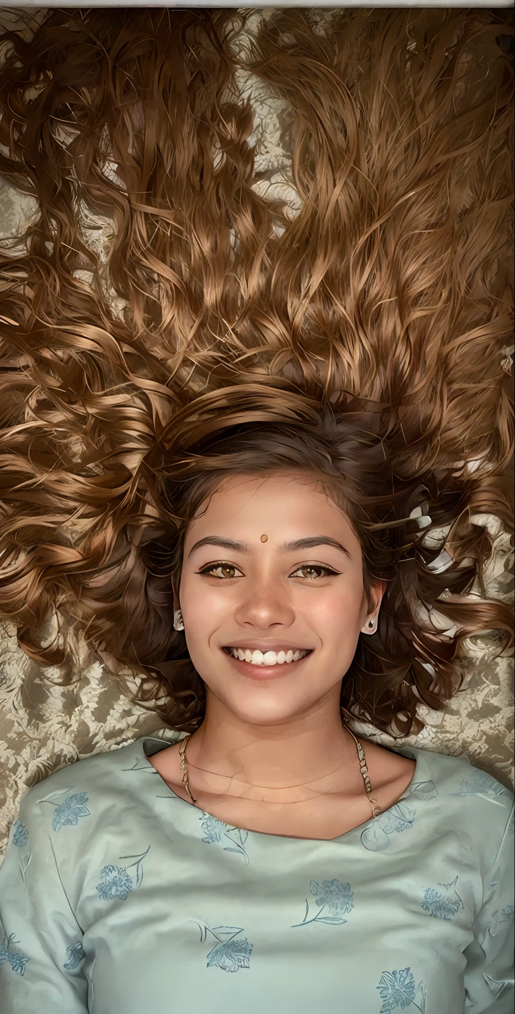 arafed woman laying on the ground with her hair in the air, by Max Dauthendey, radiant smile. ultra wide shot, dramatic smile pose intricate, with a beautifull smile, joyful look, indian girl with brown skin, insane smile, lovely smile, beautiful smiling face, selfie of a young woman, smiling down from above, smiling girl ,realastic face ,hd8k,fighter