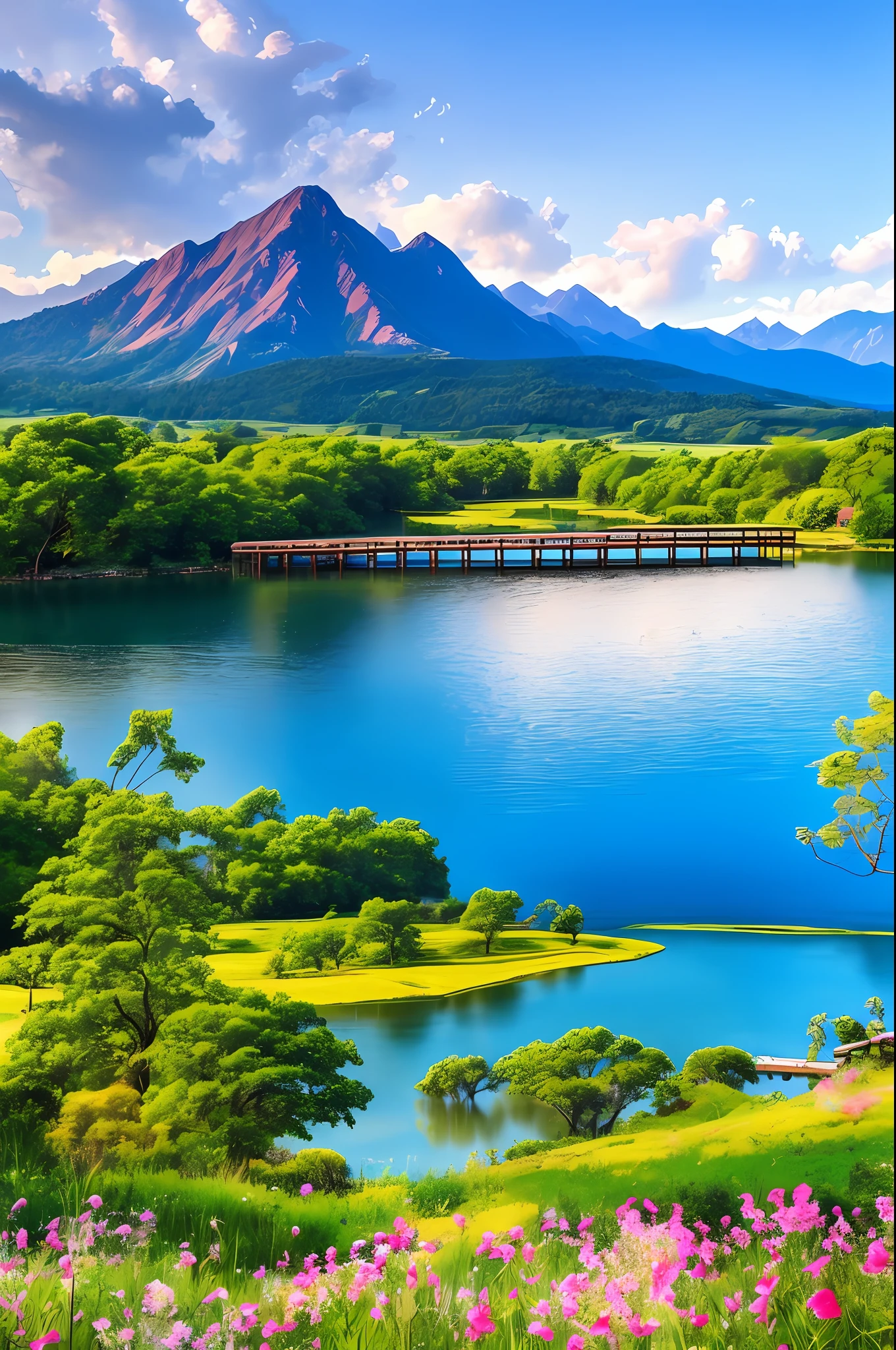 tmasterpiece，Best quality at best，high high quality，the Extremely Detailed CG Unity 8K Wallpapers，This beautiful scenery is located on the shores of a tranquil lake，The water in the lake is clear，Reflecting the blue sky and white clouds，It looks like a giant blue gemstone。On the lake，Several elegant white swans swim leisurely，From time to time, Makes a pleasant chirping sound。lakeside，Dense willow trees sway in the wind，Green wicker hangs down like a ribbon，In stark contrast to soda。

On the grass by the lake，Colorful wildflowers are in full bloom，Attract butterflies and bees to collect honey。Not far away，There is an old wooden trestle bridge，Across the lake，Connected to the islands in the lake。On a red wooden bench next to the trestle bridge，An elderly couple snuggles together，Enjoy the picturesque views。

distance，Emerald green mountains cascade upon layer，Connected to the blue sky，It forms a perfect picture。On top of the mountain，A cloud of mist，It's like a fairyland。sun shining through clouds，Sprinkle on this beautiful landscape，Every place is painted with golden brilliance。

It's a place to get away from the hustle and bustle、Peaceful and beautiful hideaway，You can't help but want to stop，Feel the gift of nature with your heart。