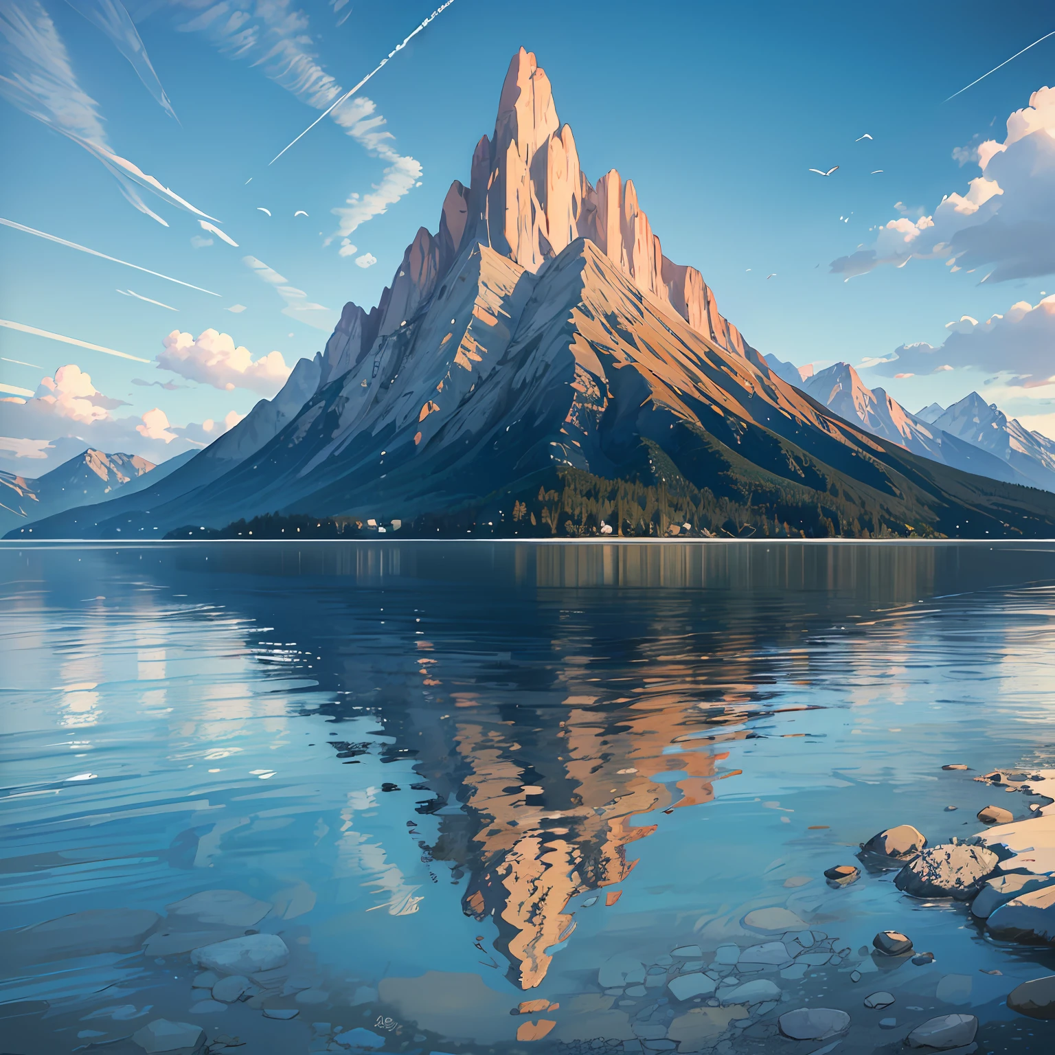 low-poly, mountain lac, background mountain, fish, top down --auto