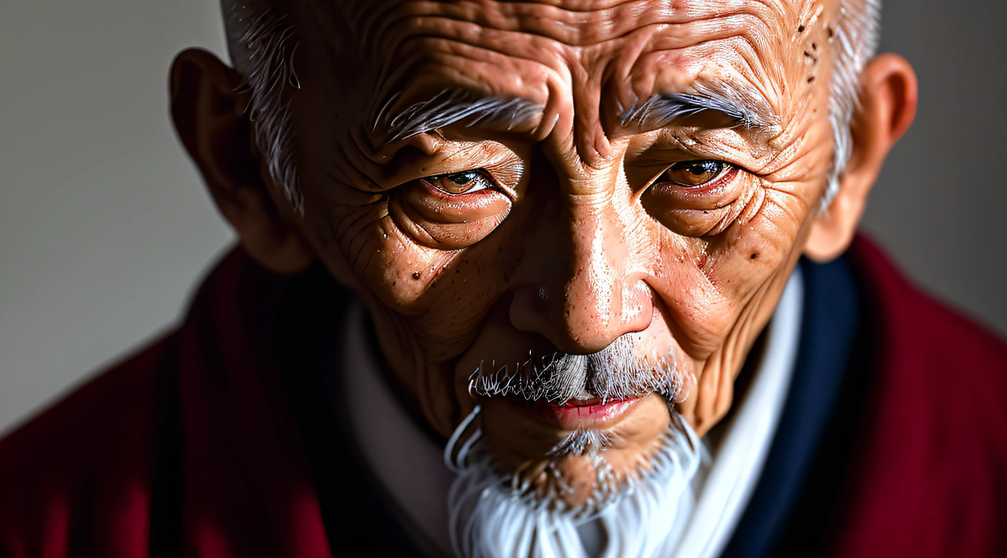 A photographic portrait of an elderly Chinese man, a wise ancient bald, with wrinkled and aged skin. His eyes have a penetrating gaze, and his face displays prominent details. The photograph was taken in a dark studio, with ring light illumination, using a Nikon D850 camera and a 50mm lens with f/1.4 aperture.