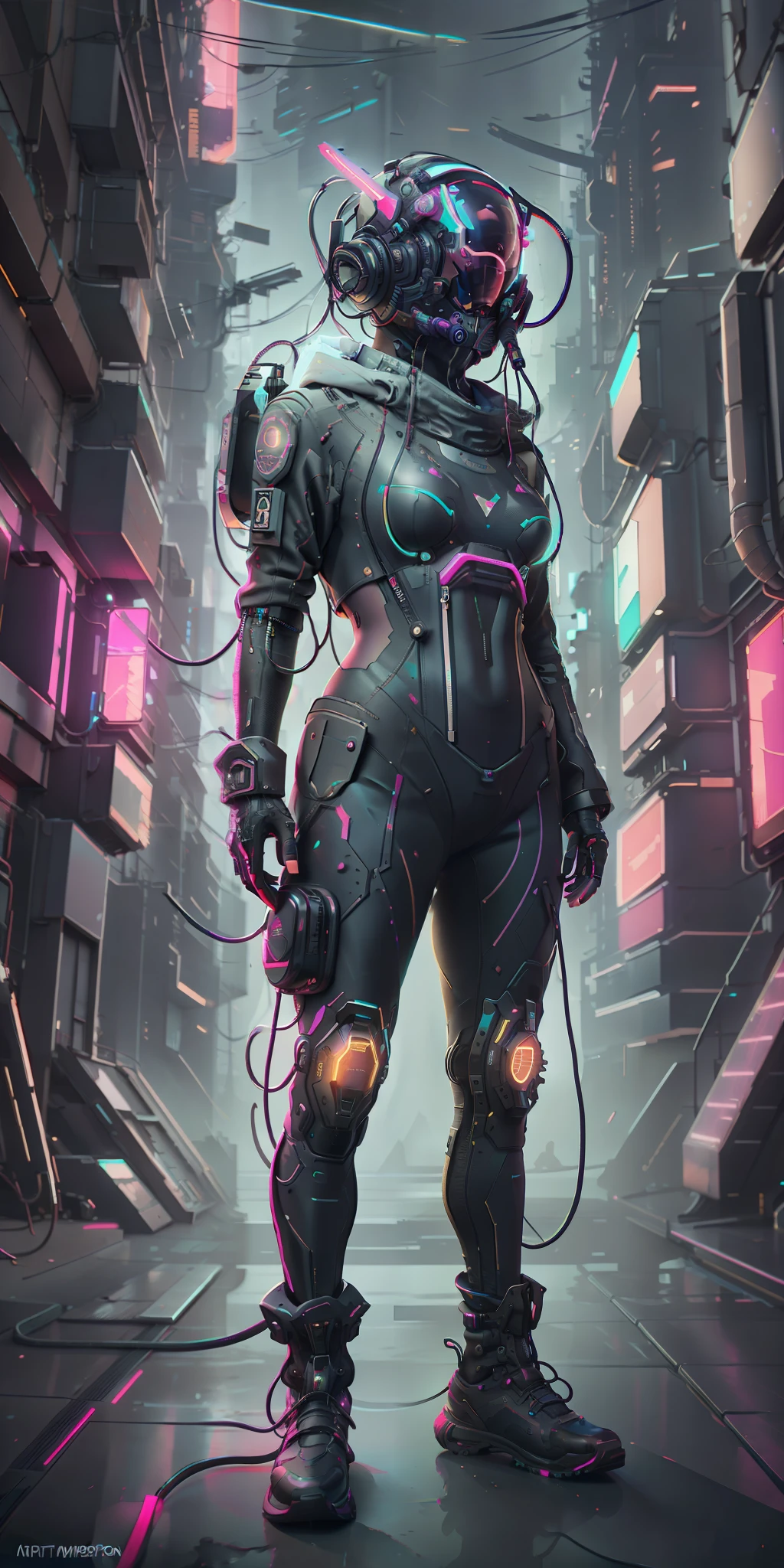 (tmasterpiece,full body shot shot,Inner primitive photography)Cyberpunk citizen in oversized tech suit,Use a black astronomical silly punk style helmet,neon light detail,internal,futuristas,Sharpness,Violent posture,Cyberpunk-city,Street neon,Insta images,photo of the year,rendering by octane,substance,Maya 3D,Cinema4D,Artstation trends,Devian Art Trend,The background is a solid color