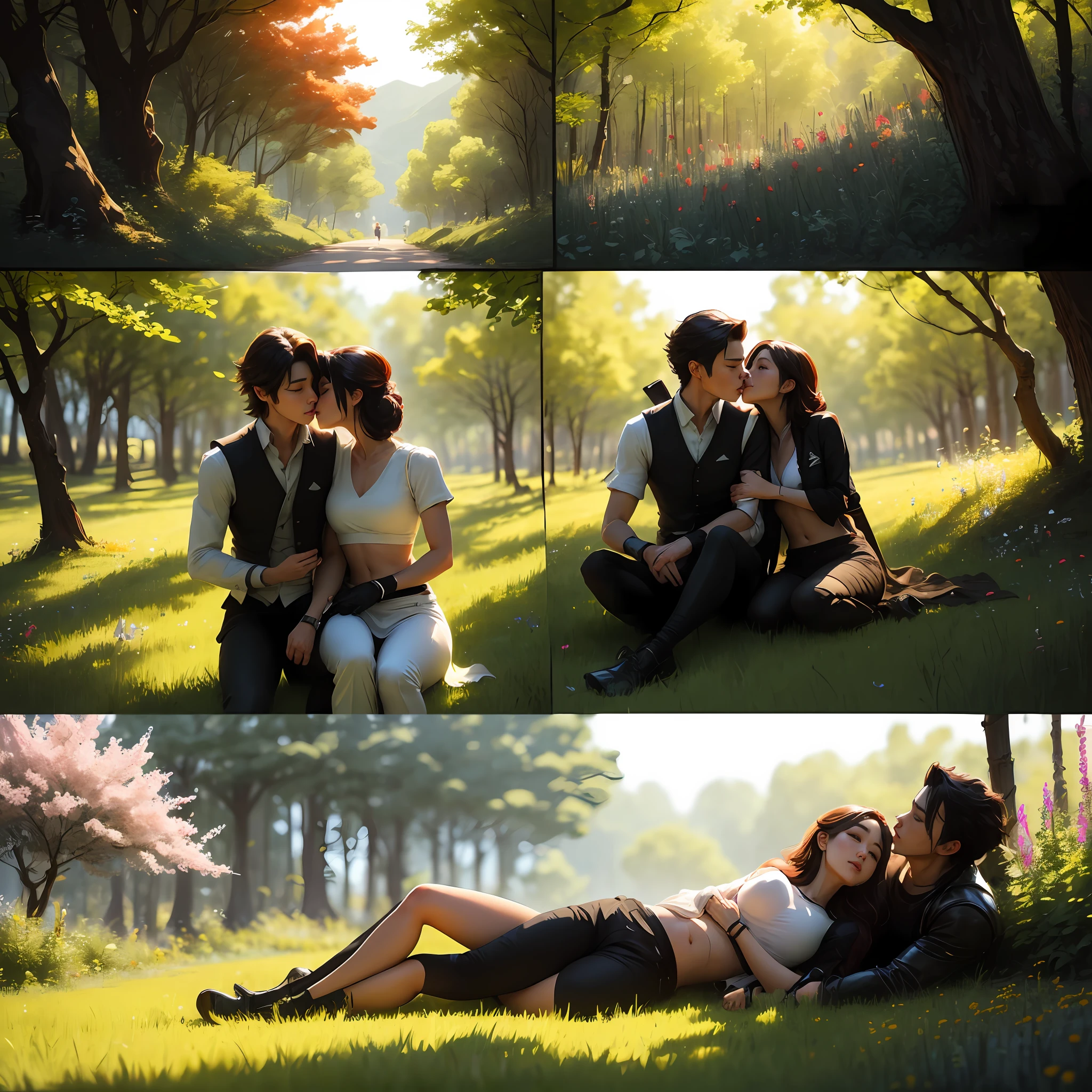 Final Fantasy 8 male and female protagonists lying in flowers，Holding and kissing，The background is a sunny forest，Feathers flutter in the sky，Exposing the abdomen。超高分辨率，super high image quality，Live action。 --auto