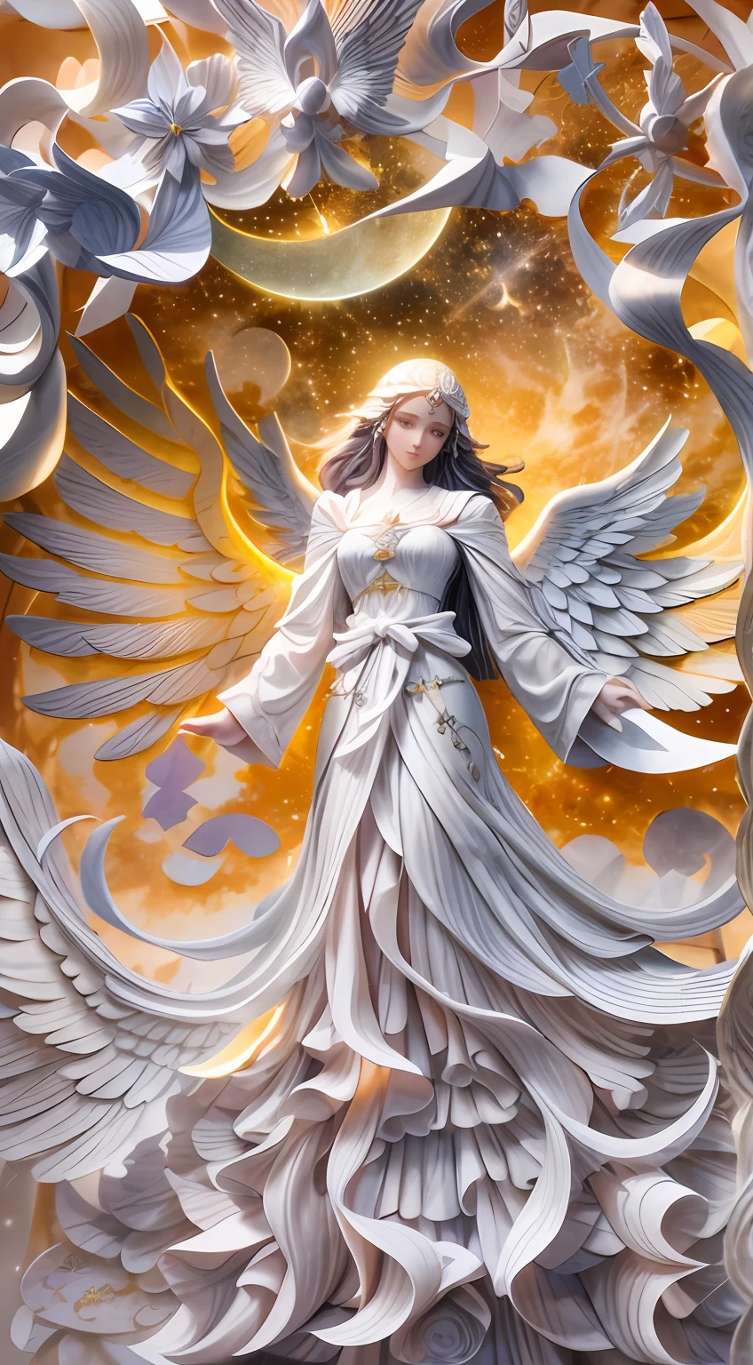 illustration: 1.3), paper art, 3D rendering of, Colorful background, (beautiful angel :1.3), (Masterpiece star:1.2)(Masterpiece Moon:1.2) , Colorful, Best quality, Detailed details, Masterpiece, offcial art, movie light effect, 4K, Chiaroscuro , Flash