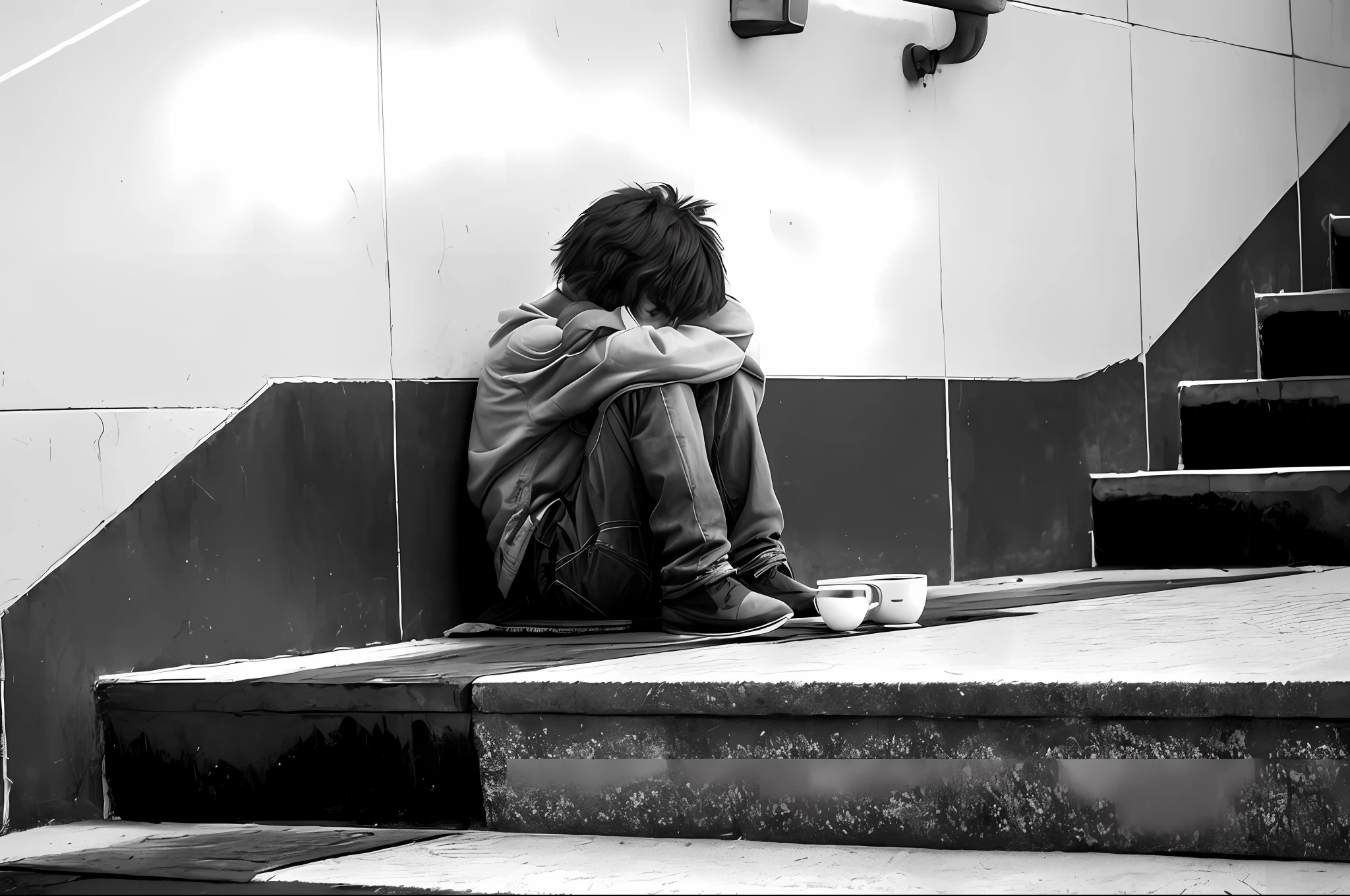 Araffe sitting on the steps of a building with a cup of coffee, indigente, sem-teto, hugging his knees, Directed by: Joze Ciuha, pobreza, Directed by: Matija Jama, candid street photography, fotografia de rua, homem sentado de frente para longe, Directed by: Luis Molinari, Lutando, lonely and sad, Sem-teto qualificado, foto editorial, homem triste, quadro emocional