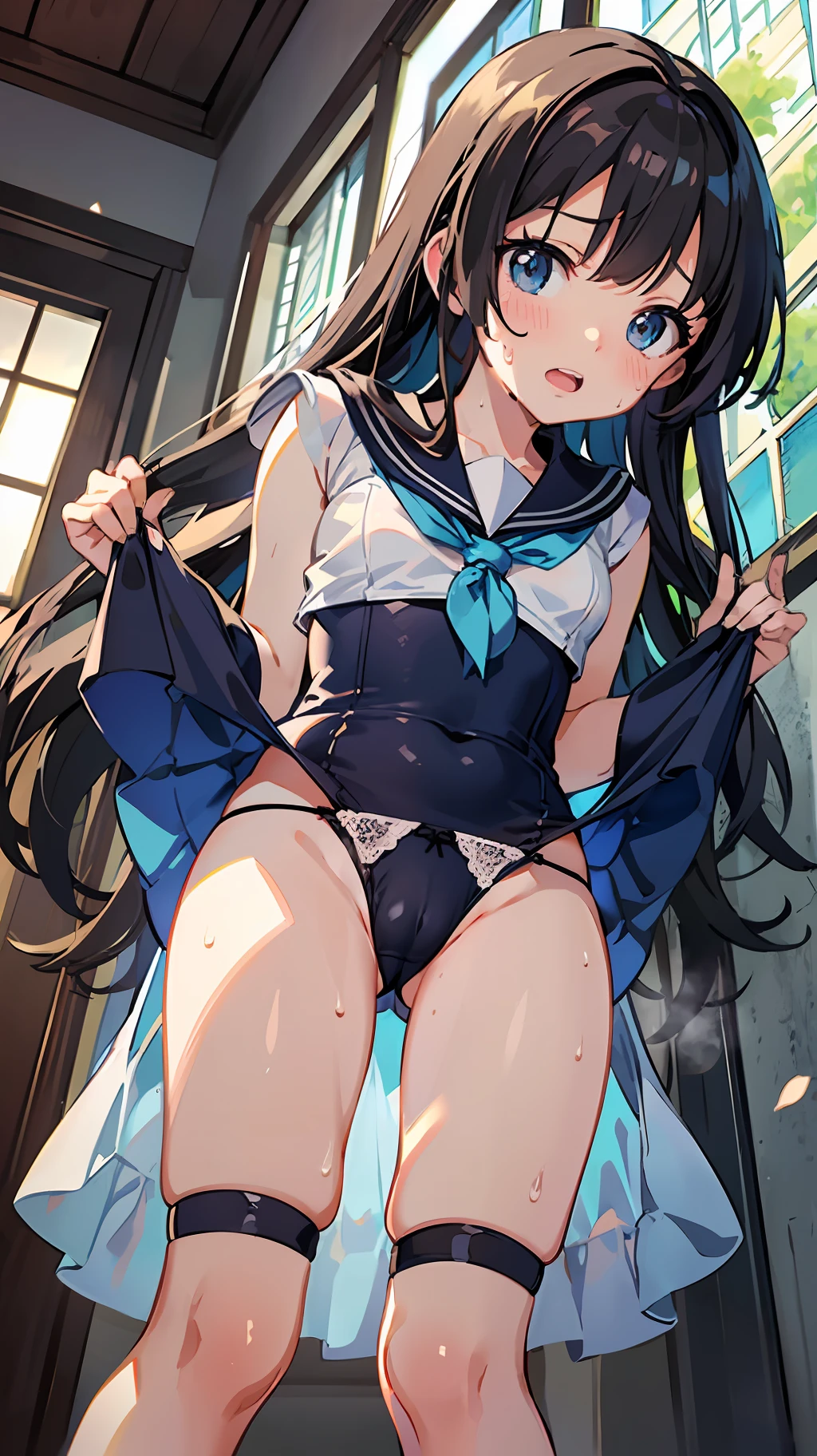 masutepiece, Best Quality,Anime, 1 ,((child)), (1rs old), ( Full body, ((From below)), ((up skirt)), (((sailor dress))), (see through), Long Black Hair,Straight hair, (Erect), (light blue pantie),(Cameltoe), (((Sweat))),steam