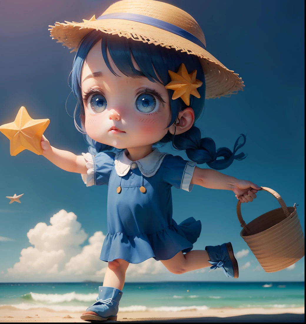 Little straw hat，a blue dress，bucket，Starfish in hand --auto