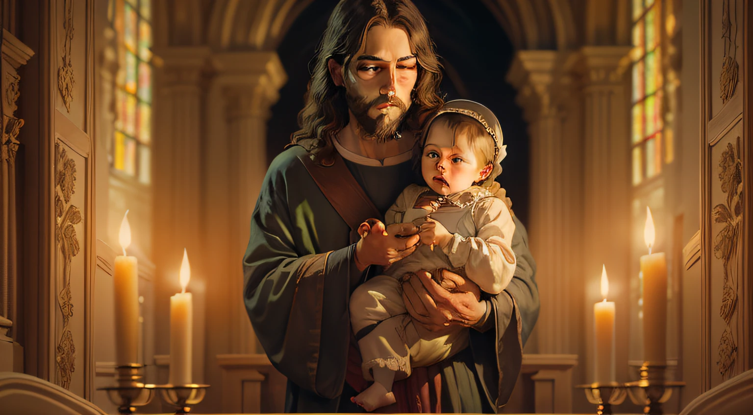 [a realistic painting of Jesus holding a child inside a candlelit church]