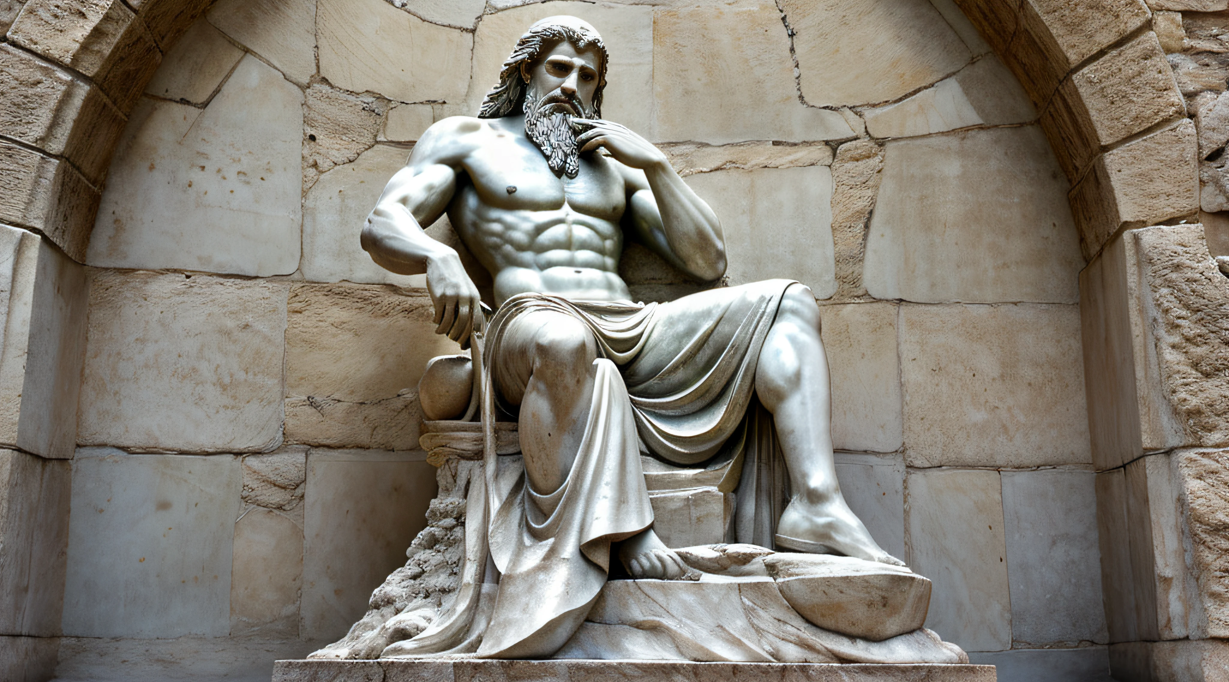 "A magnificent statue depicting a stoic man, resembling the godlike presence of Zeus, with a majestic flowing beard. The statue is crafted in stunning white and silver, evoking the essence of inner peace found in the serene retreats of Rome."