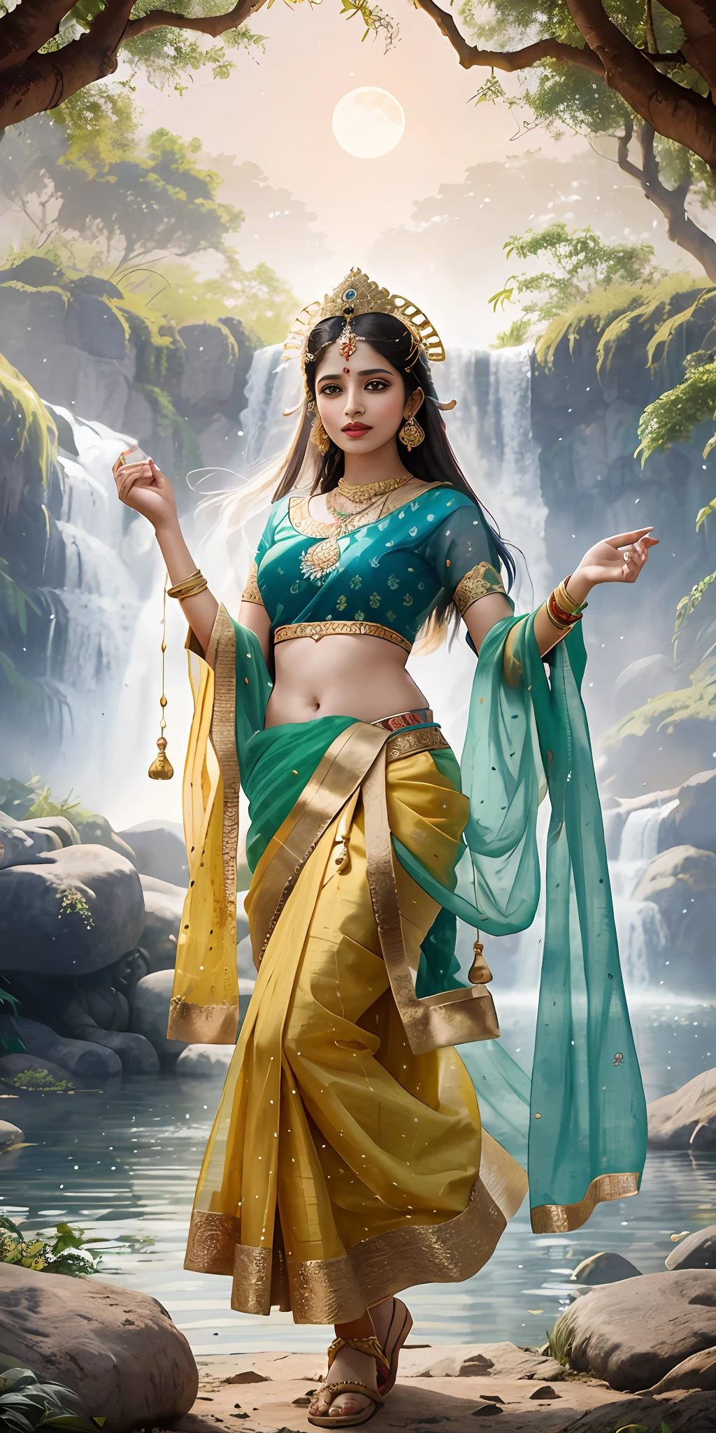 ((8k high) (resolution)) ( ultra HD) ( super realistic) "Craft a mesmerizing scene inspired by Indian folklore, depicting a lush, mythical forest bathed in the soft glow of an eternal full moon. Within this enchanted forest, create a majestic palace adorned with intricate Rajasthani architecture, standing tall amongst ancient banyan trees and cascading waterfalls. The palace should be resplendent in colors of deep crimson, royal blue, and gleaming gold, reflecting the opulence of Indian heritage.
In the skies above, let the celestial beings dance gracefully to the tune of traditional Indian music, with peacocks spreading their vibrant plumage and celestial apsaras adorned in ethereal garments. Illuminate the scene with the golden hues of diyas and the radiance of traditional lamps, capturing the essence of the festive spirit.
Incorporate elements of Indian art, like mandalas and rangoli patterns, to embellish the pathways leading to the palace. Include the presence of sacred animals like elephants, symbolizing prosperity and wisdom, and a playful representation of Lord Ganesha, the remover of obstacles.
Infuse the image with the fragrance of jasmine and the sounds of sitar and tabla, evoking the senses and transporting viewers to a realm where the divine and earthly realms intertwine. Let this Indian-inspired artwork be a visual celebration of the country's rich cultural heritage and a tribute to the timeless tales woven into the fabric of Indian mythology."