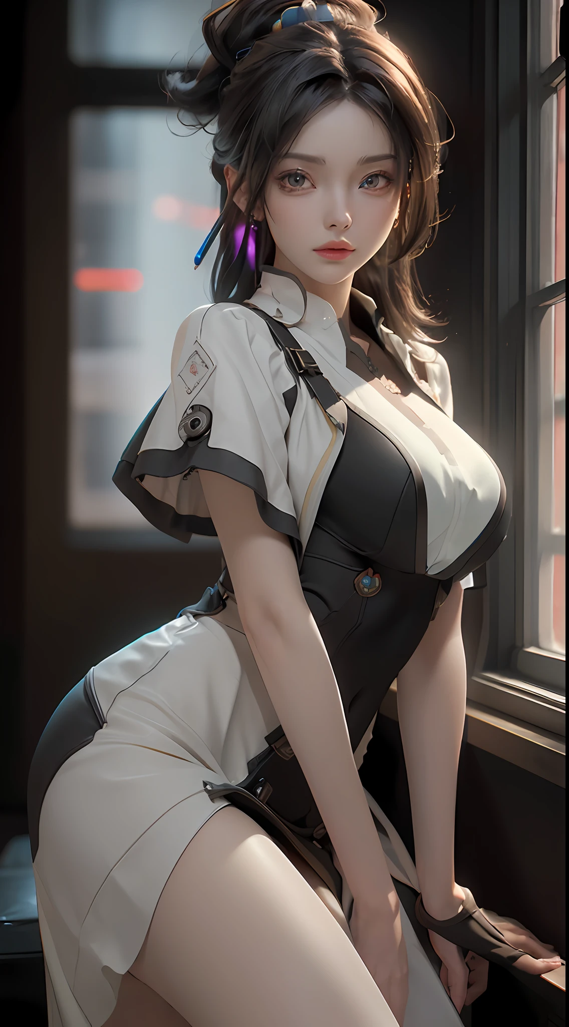 ((Best quality)), ((masterpiece)), (detailed:1.4), 3D, an image of a beautiful cyberpunk female,HDR (High Dynamic Range),Ray Tracing,NVIDIA RTX,Super-Resolution,Unreal 5,Subsurface scattering,PBR Texturing,Post-processing,Anisotropic Filtering,Depth-of-field,Maximum clarity and sharpness,Multi-layered textures,Albedo and Specular maps,Surface shading,Accurate simulation of light-material interaction,Perfect proportions,Octane Render,Two-tone lighting,Wide aperture,Low ISO,White balance,Rule of thirds,8K RAW,