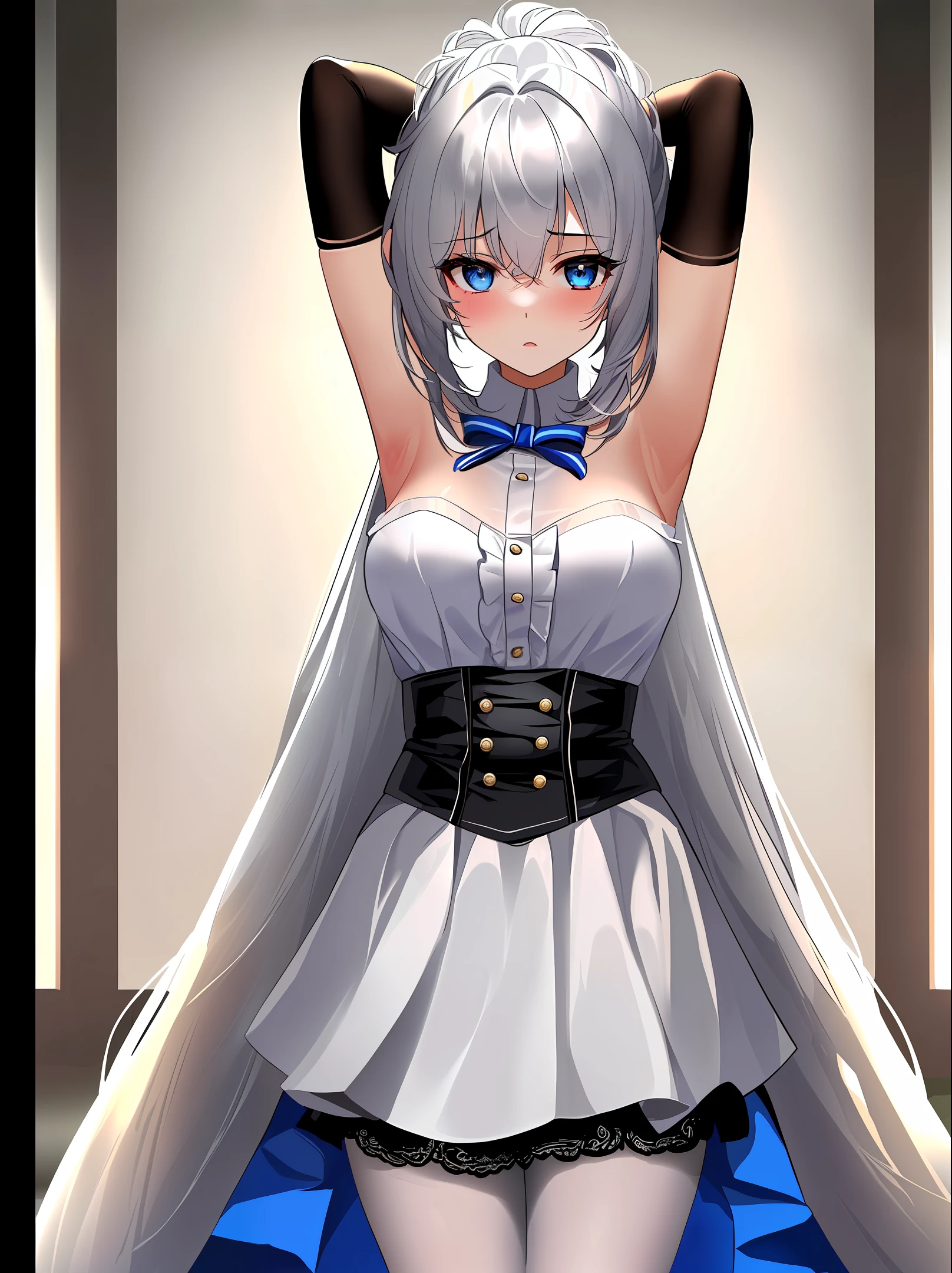 (((1 girl robot)),Ray traching,(dim murky lights),[detailedbackground(liveroom)),((Silvery hair)),((Silvery hair)),(((((Fluffy silver hair,plump and slender girl))Wears a high ponytail)))Avoid golden eyes in the ominous living room((((Girl wears white opaque shirt,Black wrinkled skirt,Wear yours with black sheer pantyhose),It shows a delicate and slender figure and beautiful curves,Correct limbs,Put your hands behind your head,Put both hands behind your head,Details of the eyes,pretty eyes,Elaborate Eyes,blue colored eyes