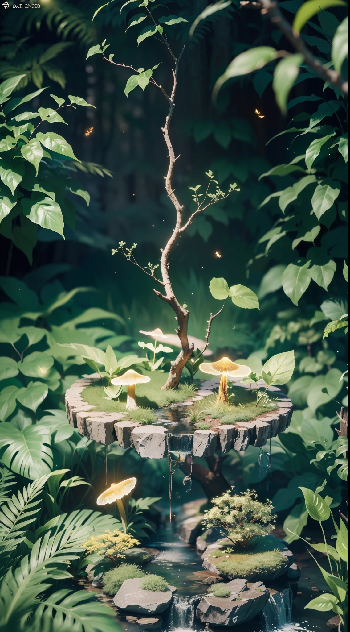 A masterpiece, the best quality, stunning reflections, the best reflections ever. (very detailed CG unity 8k wallpapers), (best quality), (best illustrations), (best shadows), forest theme with natural elements. Tall trees, quiet streams, small glowing mushrooms surrounded by delicate leaves and branches, with fireflies and glowing particle effects,, (natural elements), (jungle theme), (leaves), (twigs), (fireflies), butterflies, (delicate leaves), (glow), (particle effects). , Isometric 3D, Octane Rendering, Ray Traced, Super Detailed