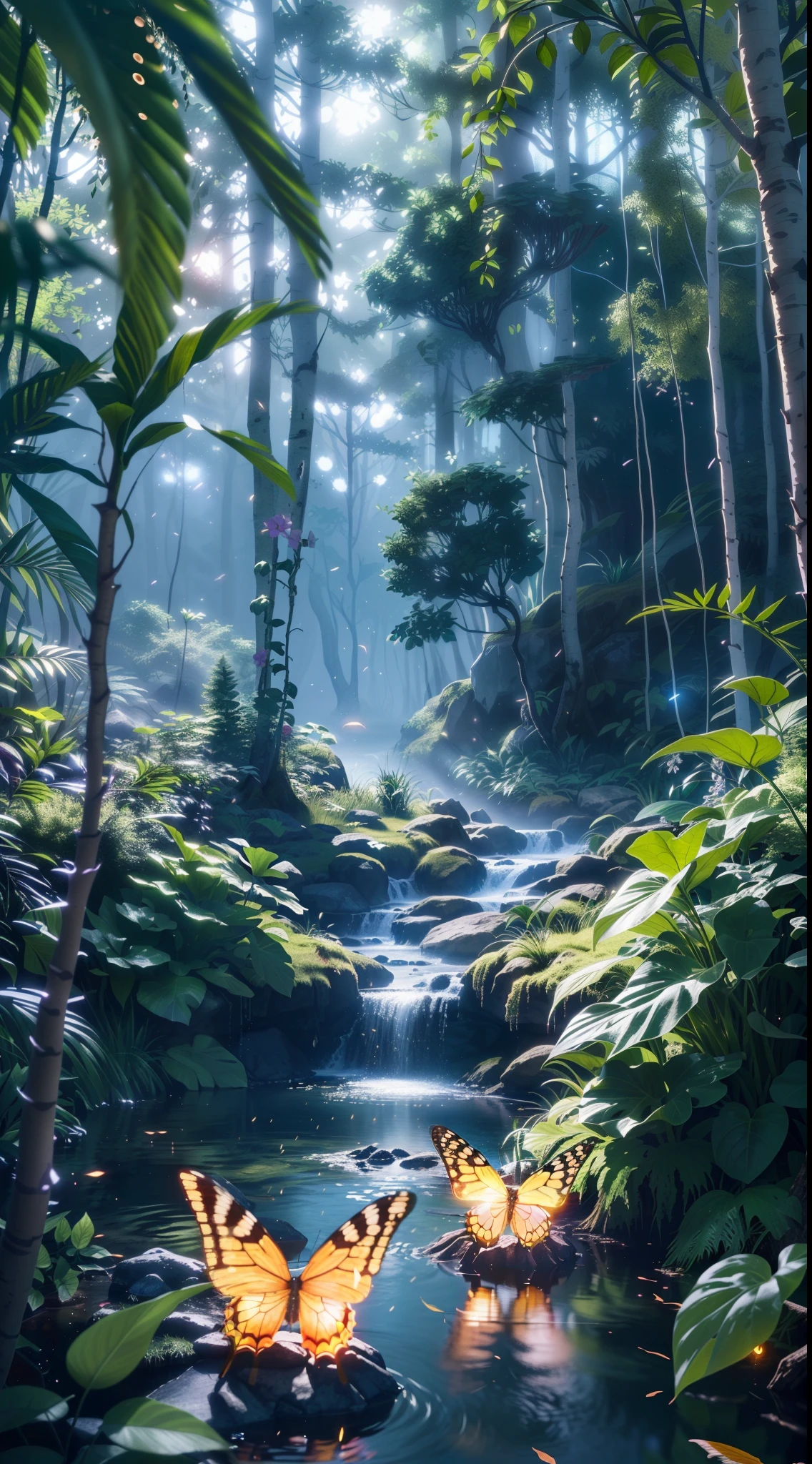 A masterpiece, the best quality, stunning reflections, the best reflections ever. (very detailed CG unity 8k wallpapers), (best quality), (best illustrations), (best shadows), forest theme with natural elements. Tall trees, quiet streams, small glowing mushrooms surrounded by delicate leaves and branches, with fireflies and glowing particle effects,, (natural elements), (jungle theme), (leaves), (twigs), (fireflies), butterflies, (delicate leaves), (glow), (particle effects). , Isometric 3D, Octane Rendering, Ray Traced, Super Detailed