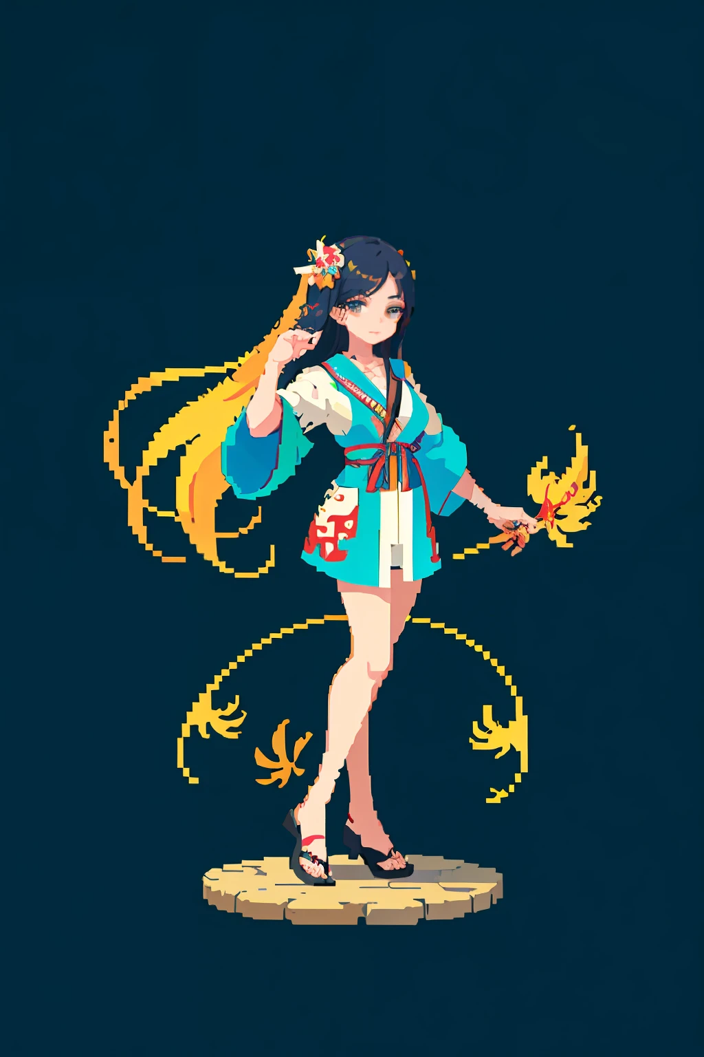 (masterpiece, top quality, best quality), pixel,pixel art,1girl,full body, long hair, koi kimono