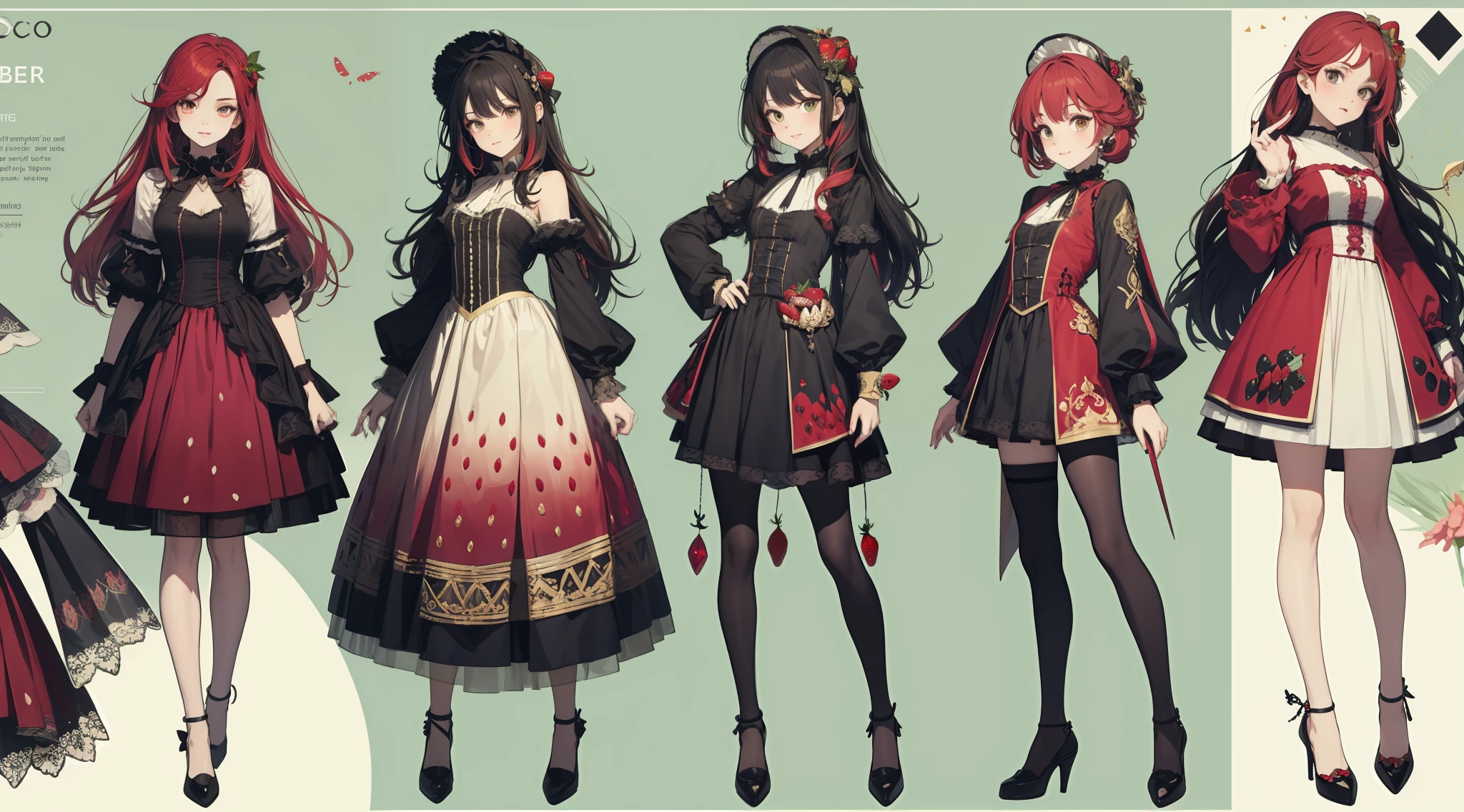Three-view of roles,character design,Character design,Three View,full bodyesbian,frontage,Lateral face,on back,Set,ta prostitute,Very gorgeous,Maximalism,extreme hight detail,RococoStyle,Super long hair,Complex accessories,Complex hairstyles,Strawberry theme,dark red color,green color,strawberry hair ornament,Strawberry-shaped gemstone,Skirts of various materials,Different fabrics