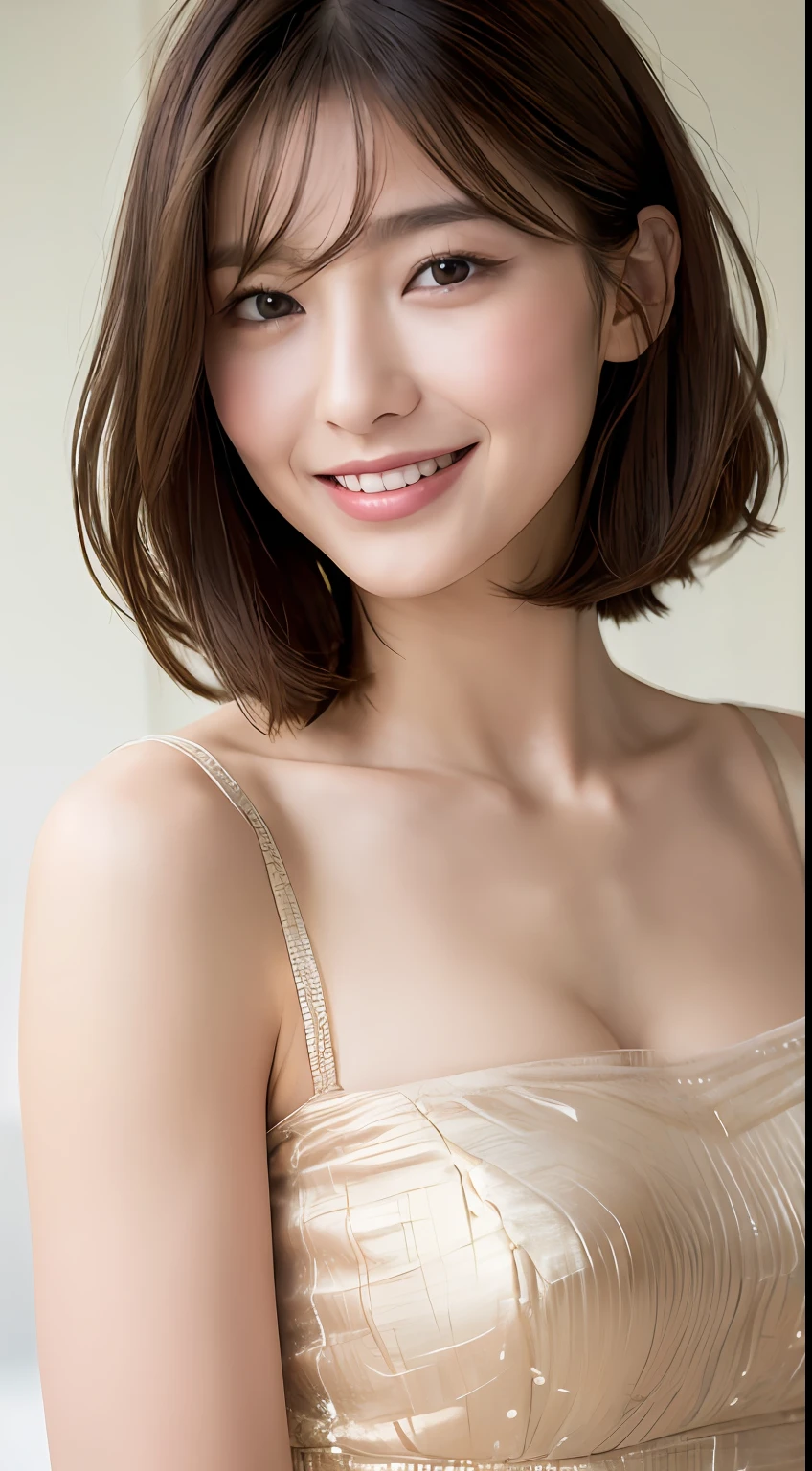 ((Best Quality, 8K, Masterpiece: 1.3)), 1 Girl, Slim Abs Beauty: 1.3, (Hairstyle Brown Hair Shortcut, Big: 1.2), Dress: 1.1, Super Slender Face, Delicate Eyes, Double Eyelids, Smile, Home, Raw Photo