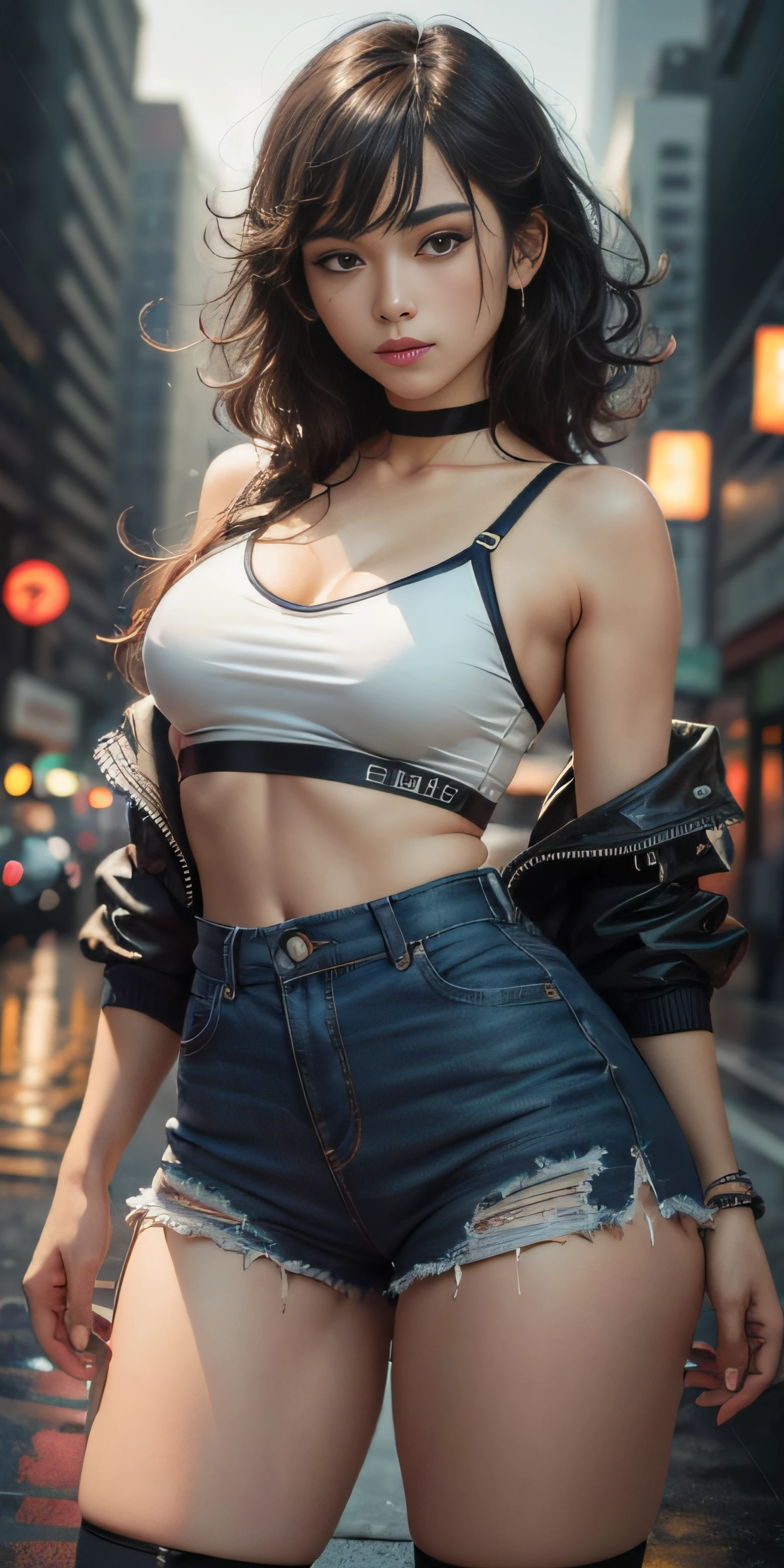 Random Pose, mix4, (8K, RAW photo, top quality, masterpiece: 1.2), (realistic, photorealistic: 1.37), 1 girl, cute, cityscape, night, rain, wet, professional lighting, photon mapping, radiosity, based on physical rendering, gradient black hair, gray hair, short curly, handsome, girl, white ball suit, excellent quality, high resolution, 1080p, (clear face), (detailed face description), (detailed hand description), (masterpiece), (exquisite CG), extreme light and shadow, messy hair, masterpiece, rich details, (exquisite facial features), (best quality), (masterpiece), (delicate eyes), looking forward to your eyes, exquisite collarbone, tight and viscous crop top, pastel colored shorts, Perfect proportions, sexy