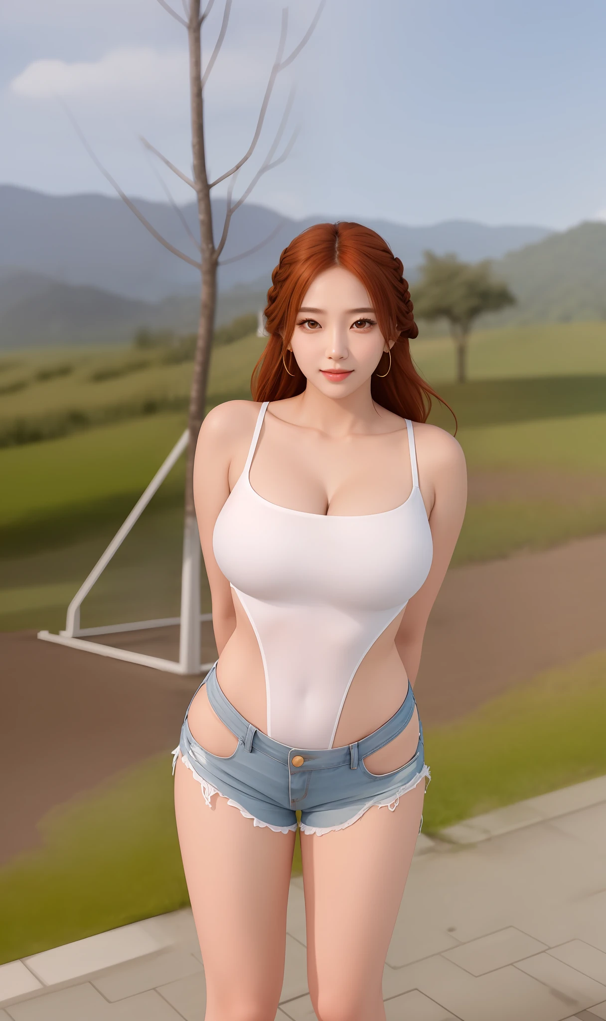 An Idol k-pop girl, (cute face, lewd face), braid hair, intricate face details, detailed face, golden ratio face, ((big breasts:1)), ((slim waist, big butt, big hip, big thighs)), ((intricate hands, detailled hands)), ((intricate feets, detailled feets)), full body, 64K, UHD, HDR, global illumination, (high quality, high detailed, hyper detailed, extremely detailed), photo realistic, ultra realistic, art photo, (clarify the details, detailed parts body), intricate artwork masterpiece, trending on artstation, (light smile), tight clothes, (she is sexually aroused), (polished skin:1,9), (orange hair:1), (red eyes:1), short, standing on sidewalks, grass, trees, jungle, mountain, sky, clouds, look at viewer