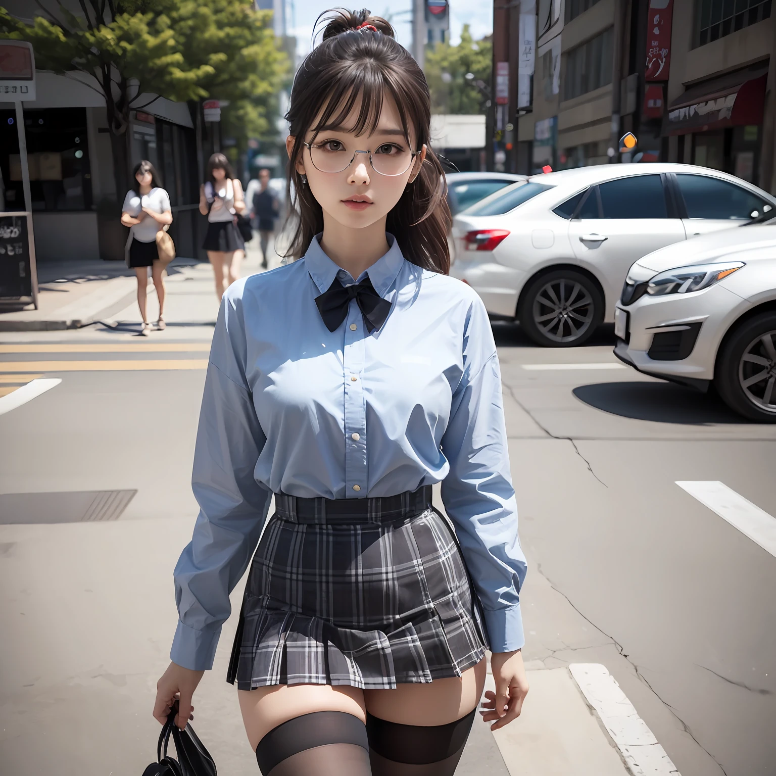 (8K、Raw photography、top-quality、masterpiece:1.2),full body Esbian,masterpiece,top-quality、超A high resolution,Raw photo,ren,Beautiful fece,One Person, 独奏,eye glass,,Dark look,Small breasts,fullllbody,Round glasses、cute little、A Japanese Lady,is standing,(Tight eyes,Bullish,skinny,Rasping,irate,small tits,flat breast)、(Photorealsitic:1.37)、Photon mapping,Light blue ribbon,Realistic、Cute little face,Brown-eyed、Black socks、Red bow tie、Radio City、Physically Based Rendering、Foreground、depth of fields、Blurry background、a picture,The girls、Body, Long legs, Thin leg, Single knot ponytail,Let your hair flow forward、(Bangs are visible), hair, s lips, Blue_The eye, nosesoft, Light blue shirt, Navy blue and blue and white plaid pleated skirt, Sheer clothing,, Thigh, Black cotton socks,Nogizaka Idol, 女優, Japanese ido