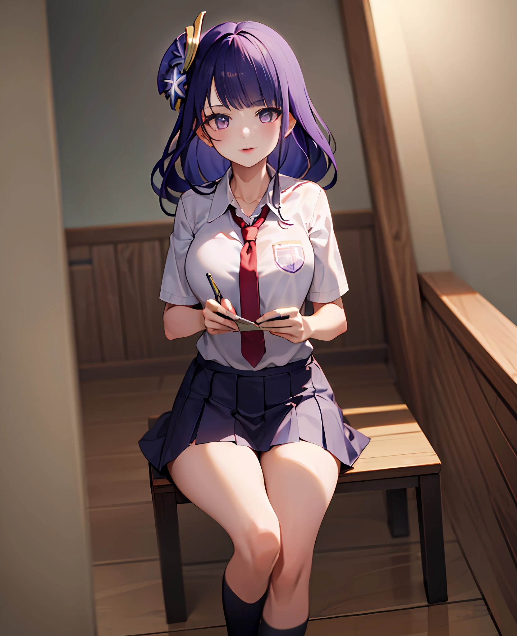 masterpiece, best quality, 1girl, solo, raiden_genshin, school uniform, white shirt, purple skirt, tie