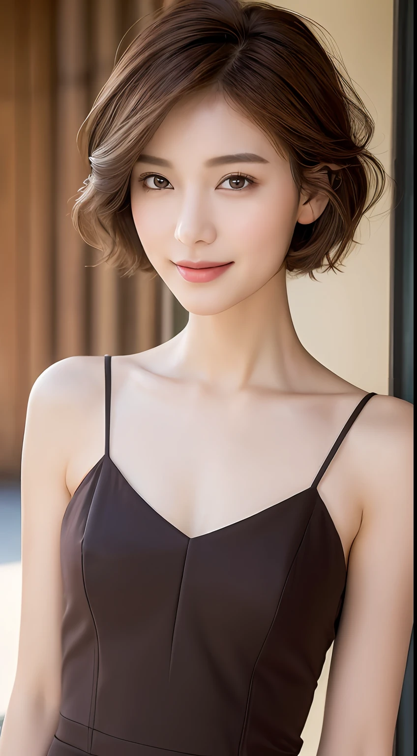 ((Best Quality, 8K, Masterpiece: 1.3)), 1 Girl, Slim Abs Beauty: 1.3, (Hairstyle Brown Hair Shortcut, Big: 1.2), Dress: 1.1, Super Slender Face, Delicate Eyes, Double Eyelids, Smile, Home, Raw Photo