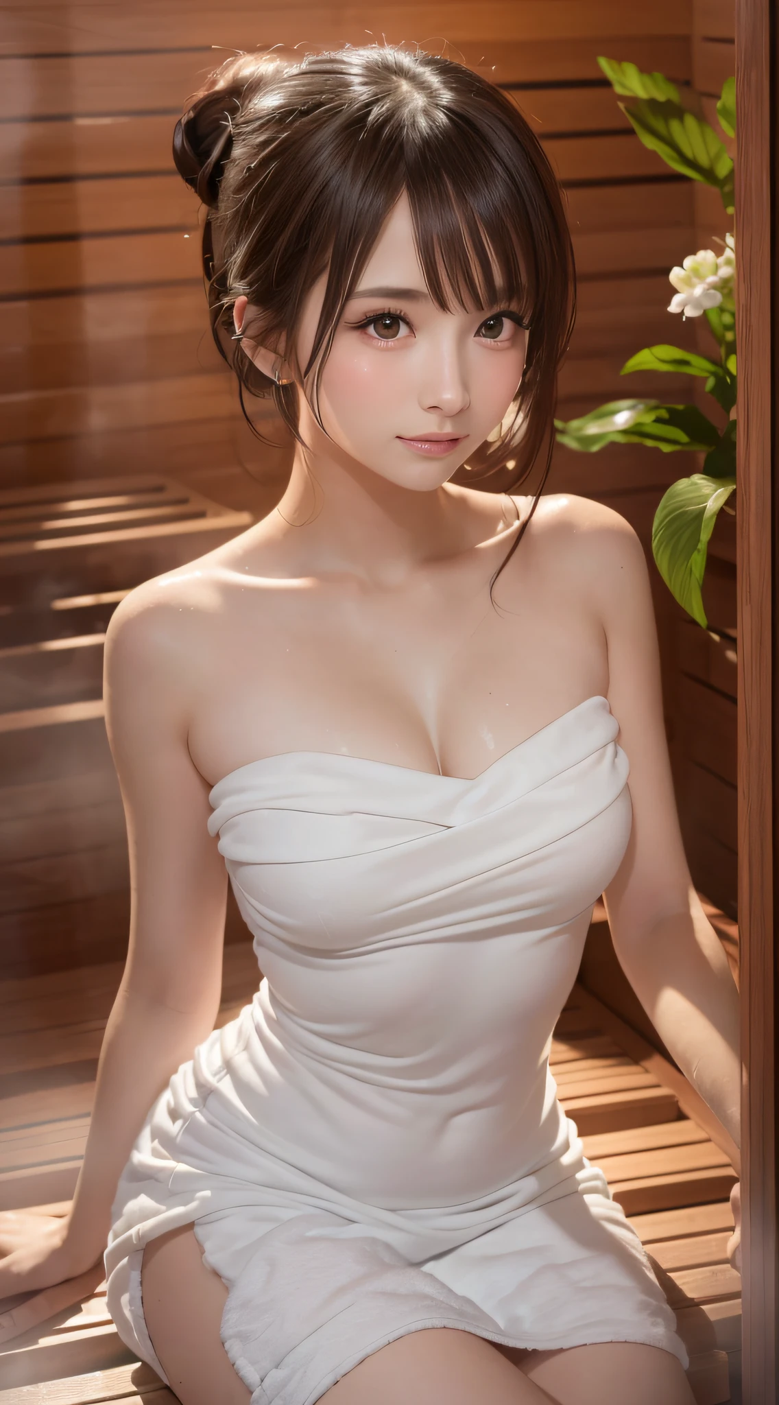 1girl, solo, (masterpiece, best quality, 8K wallpaper, photorealistic, mulberry:1.37), Deep Focus, viewer, 18 years old, pretty Japan woman, slender figure: 1.1, small breasts, sitting, in the sauna, blushing cheeks, dark hair, sweating profusely, (white big size towel dress strapless), Finnish sauna, realistic body, gloss slip, Bun hair