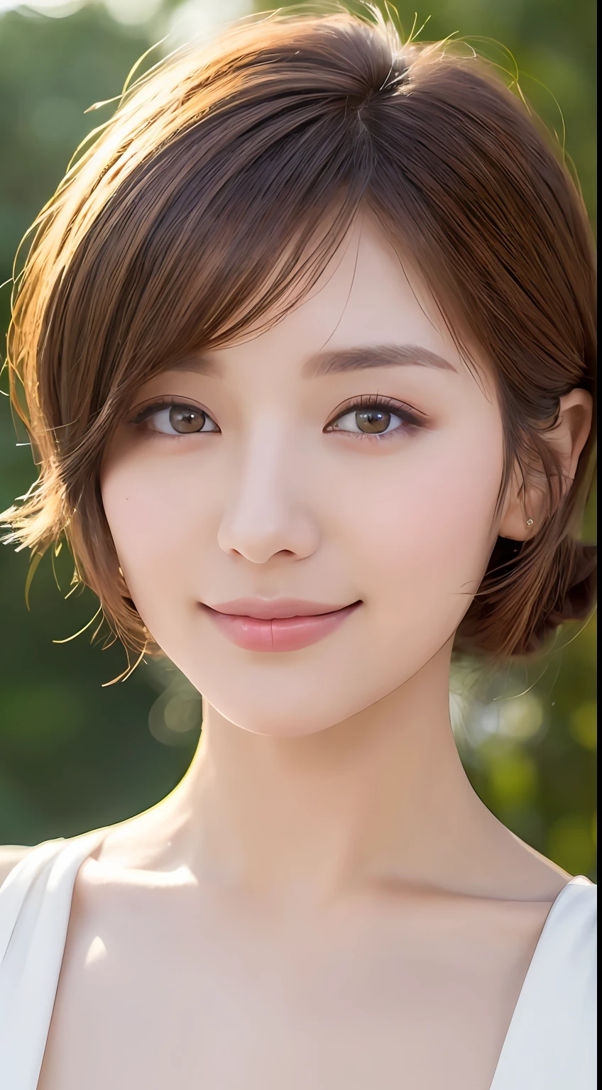 ((Best Quality, 8K, Masterpiece: 1.3)), 1 Girl, Slim Abs Beauty: 1.3, (Hairstyle Brown Hair Shortcut, Big: 1.2), Dress: 1.1, Super Slender Face, Delicate Eyes, Double Eyelids, Smile, Home, Raw Photo
