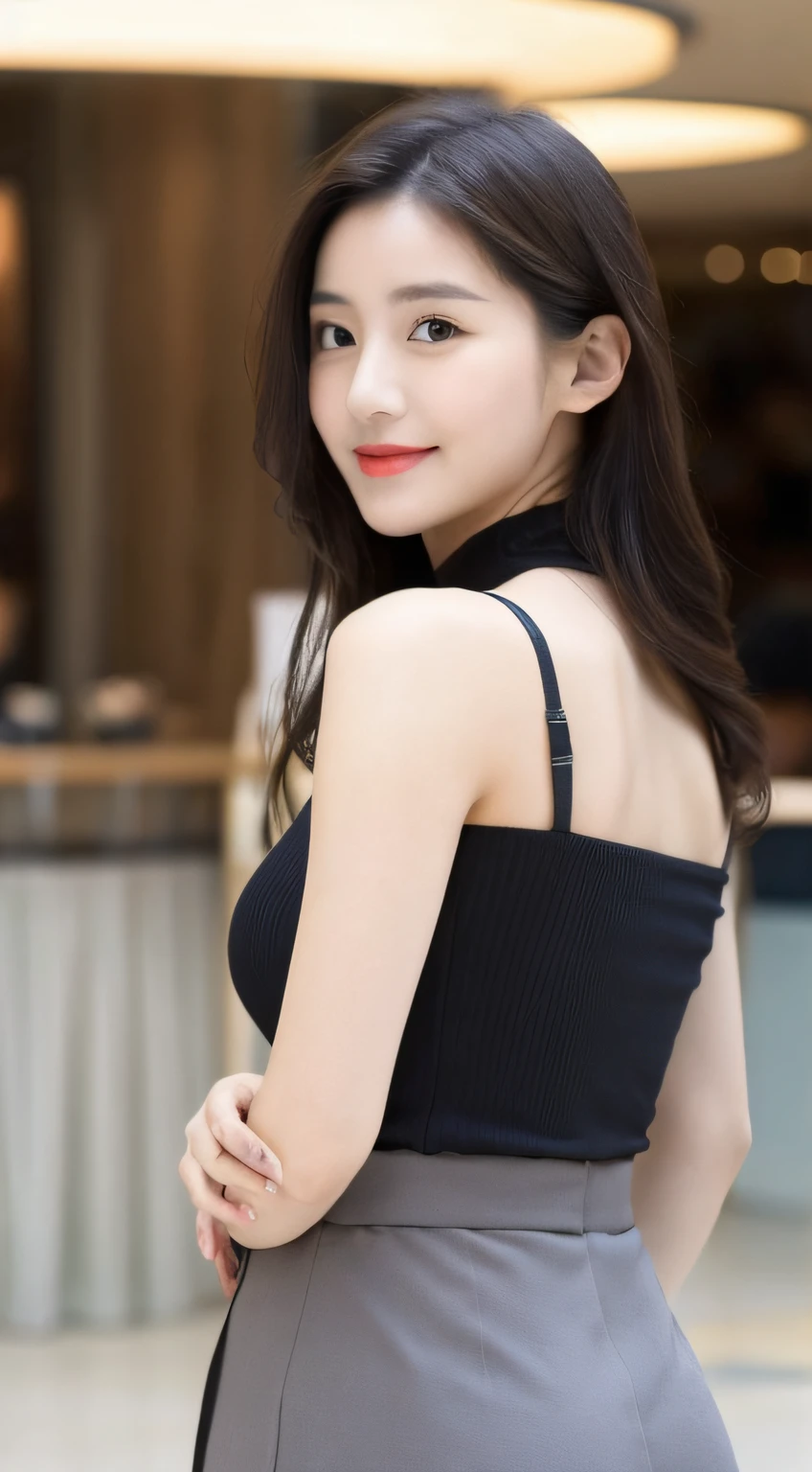 A girl of about 37 years old,simplicity,Extremely beautiful and delicate,(light make-up),Black color hair,A sweet smile,Delicate and beautiful fair skin,Realistic and realistic,exquisite and complete facial features,Detailed depiction of the face,tall nose bridge,Red lips,Beautiful, gentle and beautiful girl,Smooth hair,extremely detail hair,Feminine temperament,Fill your face light,hyper realisitc,photorealestic,8K quality,extremy detailed,Realistic details,Works of masters,Realistic to the extreme,big breasts body,Beautiful,Pure desire,Stunning beauty,Peerless beauty,Highest image quality,8K分辨率,goddes,ssmile,Fine facial features,Hair over the shoulder,A brown-haired,Large long thick legs,(((High-waisted French top))),(((short skirt))),rays of sunshine,facing at camera,The body is well-proportioned and firm,Gentle eyes,Exposing thighs,stand posture,Stand inside the mall,Full body photo