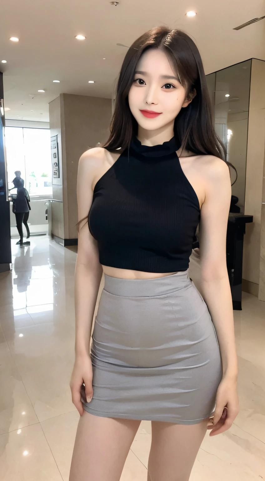 A girl of about 338 years old,simplicity,Extremely beautiful and delicate,(light make-up),Black color hair,A sweet smile,Delicate and beautiful fair skin,Realistic and realistic,exquisite and complete facial features,Detailed depiction of the face,tall nose bridge,Red lips,Beautiful, gentle and beautiful girl,Smooth hair,extremely detail hair,Feminine temperament,Fill your face light,hyper realisitc,photorealestic,8K quality,extremy detailed,Realistic details,Works of masters,Realistic to the extreme,big breasts body,Beautiful,Pure desire,Stunning beauty,Peerless beauty,Highest image quality,8K分辨率,goddes,ssmile,Fine facial features,Hair over the shoulder,A brown-haired,Large long thick legs,(((High-waisted French top))),(((short skirt))),rays of sunshine,facing at camera,The body is well-proportioned and firm,Gentle eyes,Exposing thighs,stand posture,Stand inside the mall,Full body photo