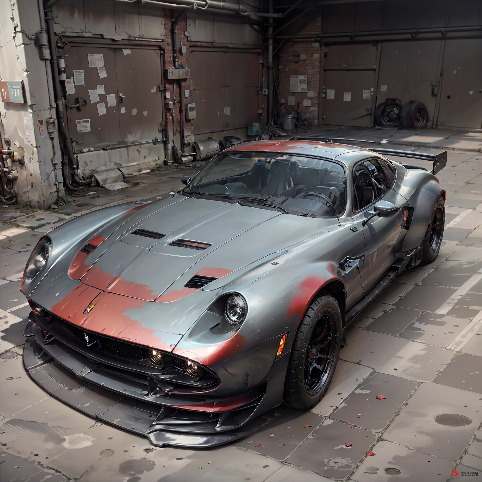 UP vehicle, in Ferrari red color, with sports wheels rim 17, tires 215, lowered, with chrome exhaust, dark windows, with a drawing of a horse on the hood, high resolution