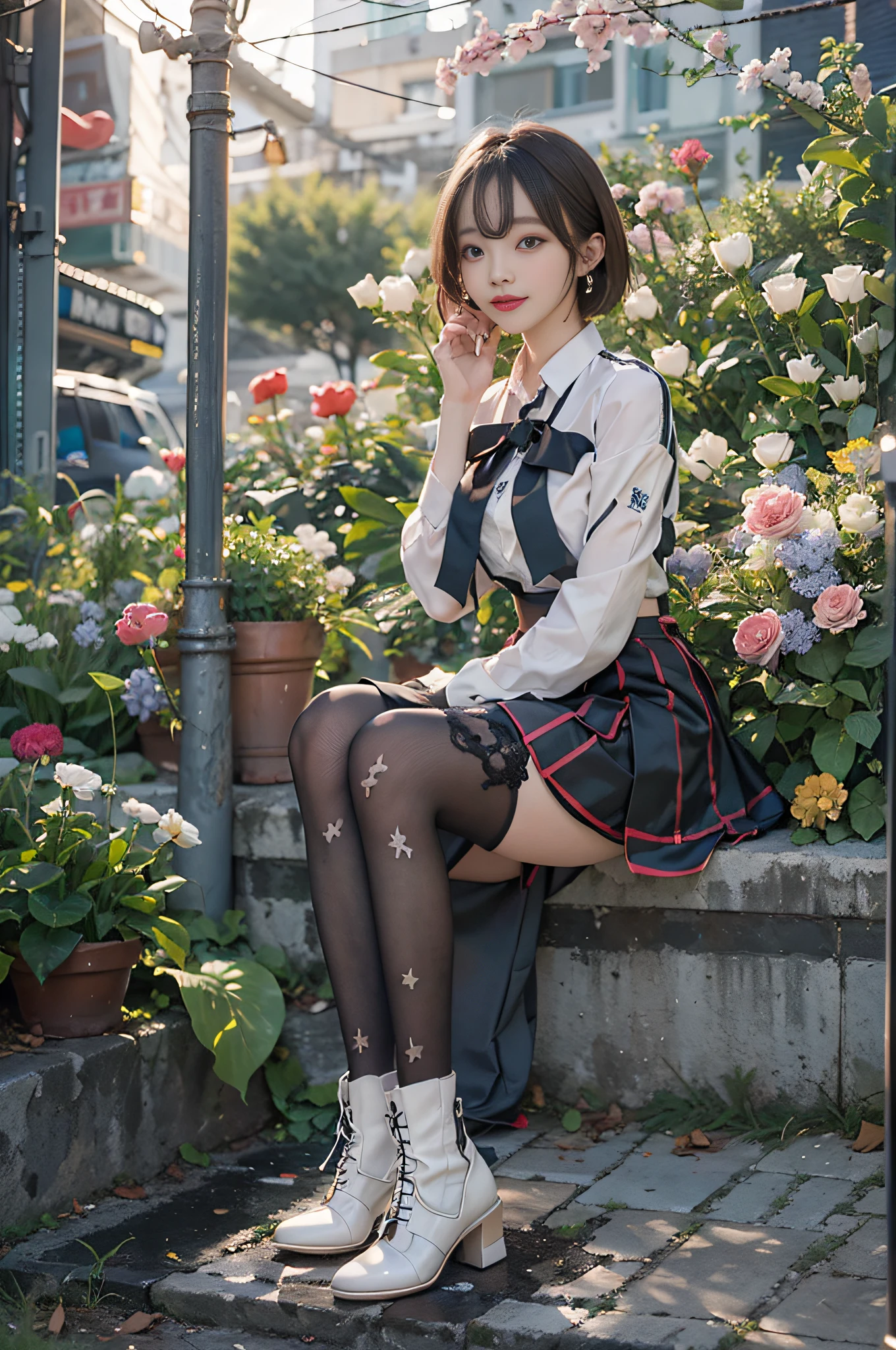 8K RAW photos, high resolution, slender Korean at 17 years old, big round breasts, formal shirt, formal skirt, very thin mouth, duck mouth, smile,, beautiful eyes in detail, slender eyes, three white eyes, cheeks, long eyelashes, beautiful double eyelids, eyeshadow, beautiful thin legs, stockings, necklace, earrings, short hair, in front of the station at night, flower bed at night, Squatting, high-end high heels
