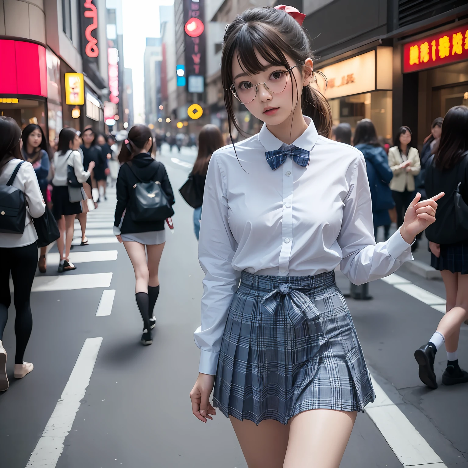 （8K、Raw photography、top-quality、​masterpiece：1.2）,full body Esbian,​masterpiece,top-quality、超A high resolution,Raw photo,ren,Beautiful fece,One Person, 独奏,eye glass,,Dark look,Small breasts,fullllbody,Round glasses、cute little、A Japanese Lady,is standing,(Tight eyes,Bullish,skinny,Rasping,irate,small tits,flat breast)、（Photorealsitic：1.37）、Photon mapping,Light blue ribbon,Realistic、Cute little face,Brown-eyed、Black socks、Red bow tie、Radio City、Physically Based Rendering、Foreground、depth of fields、Blurry background、a picture,The girls、Body, Long legs, Thin leg, Single knot ponytail,Let your hair flow forward、(Bangs are visible), hair, s lips, Blue_The eye, nosesoft,  Light blue shirt, Navy blue and blue and white plaid pleated skirt, Sheer clothing,, Thigh, Black cotton socks,Nogizaka Idol, 女優, Japanese ido