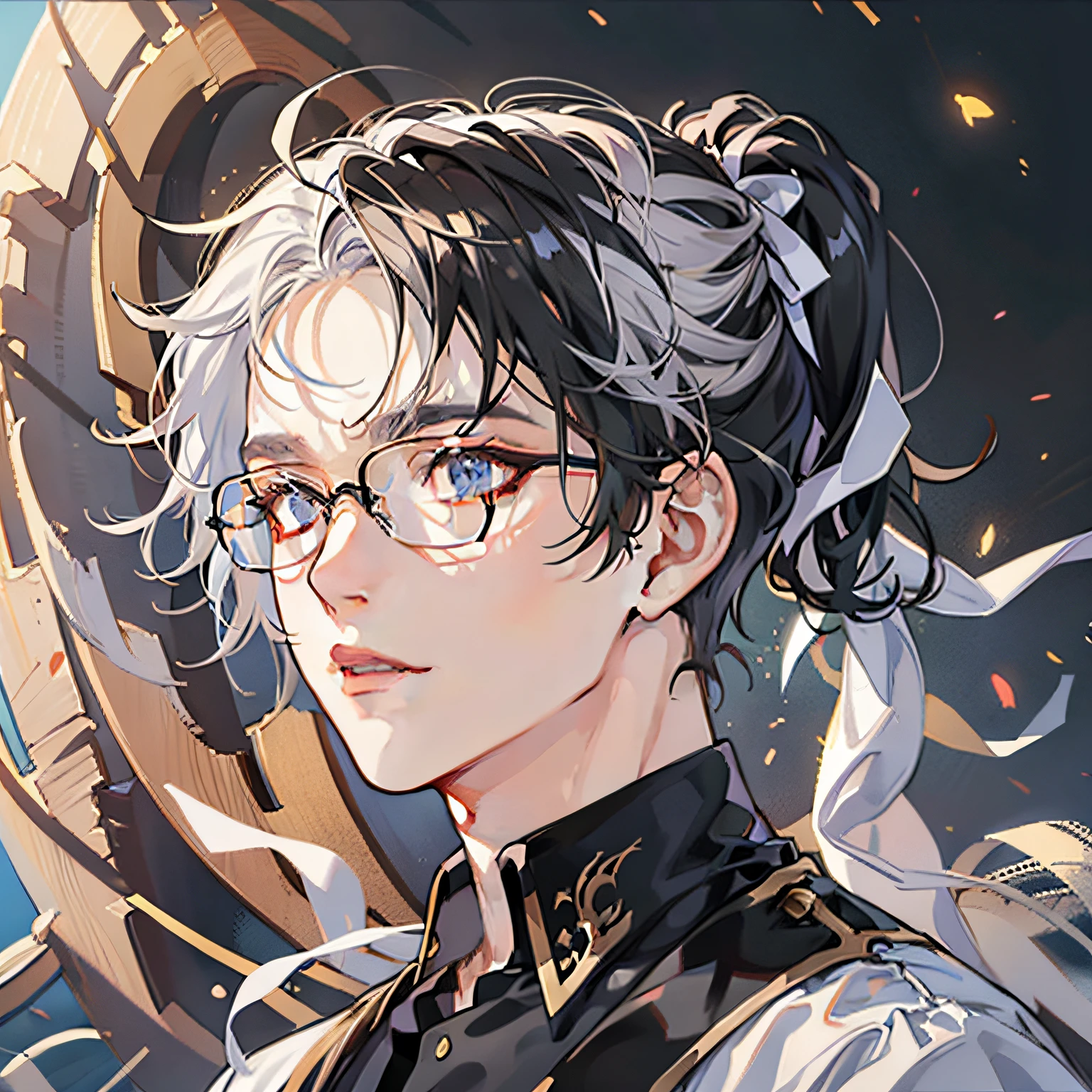 hair pulled back, hair one side up, Shiny hair, wears glasses, white hair ribbon, furrowed brows, eyeball, High detail, Anime, Ray tracing, shadowing, projected inset, Cowboy shot, Textured skin, Masterpiece, High quality,1male people,Artistic temperament,Male face,Sloth,Black color hair