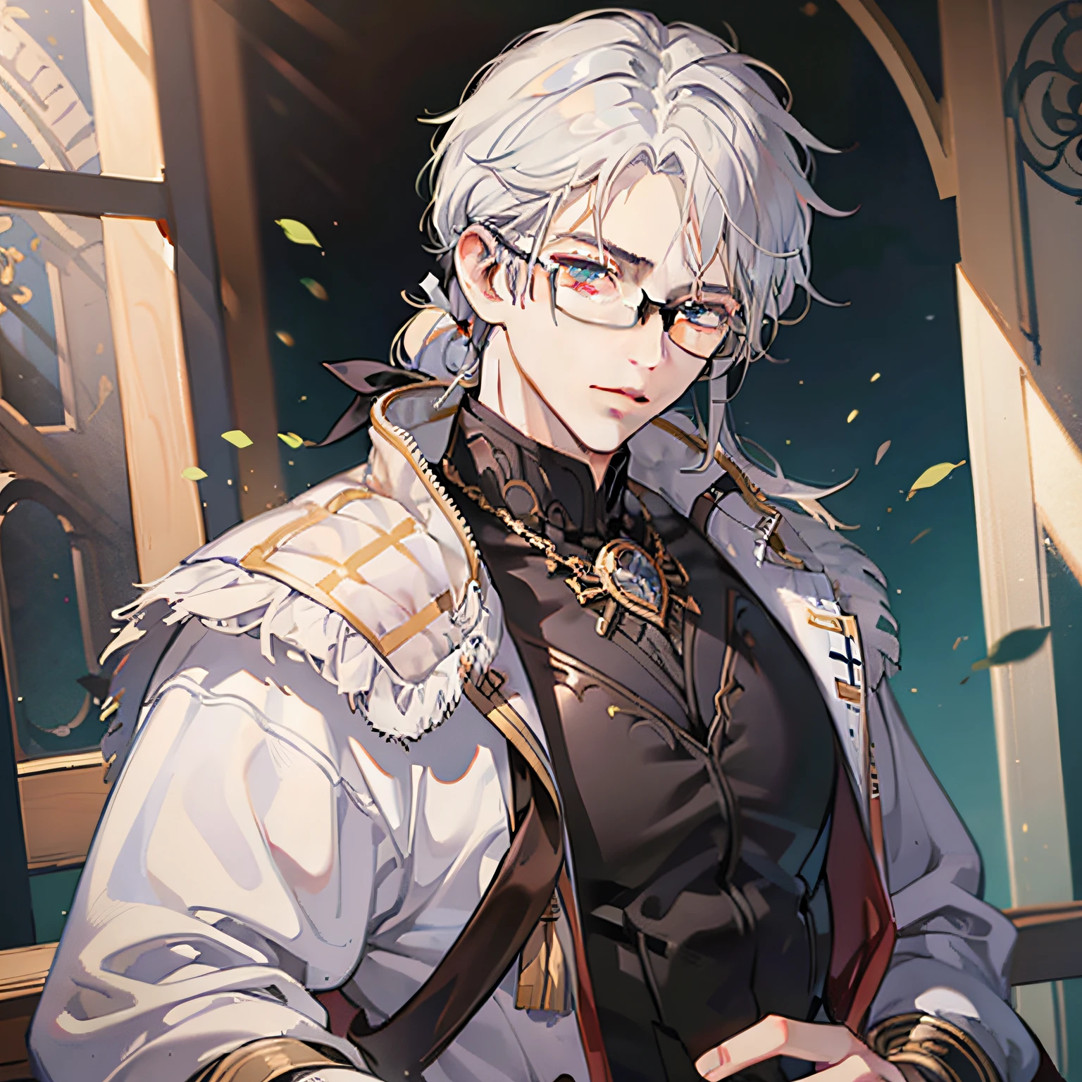 hair pulled back, hair one side up, Shiny hair, wears glasses, white hair ribbon, furrowed brows, eyeball, High detail, Anime, Ray tracing, shadowing, projected inset, Cowboy shot, Textured skin, Masterpiece, High quality,1male people，Artistic temperament，Male face，Sloth，Black color hair