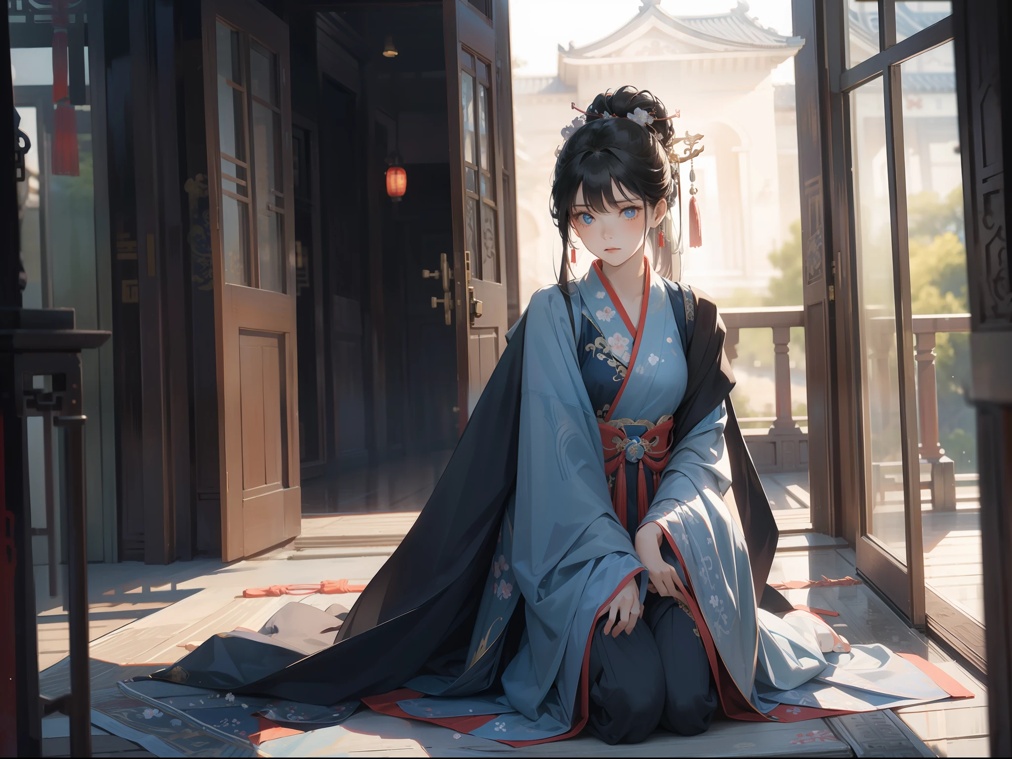 ultraclear,tmasterpiece,Outside the Chinese Imperial Palace,1girll,blue color eyes,expression sad,,Kneel in the doorway,cabelos preto e longos,Lilac Hanfu,Sideways angle,the night,Moonshine on the body,