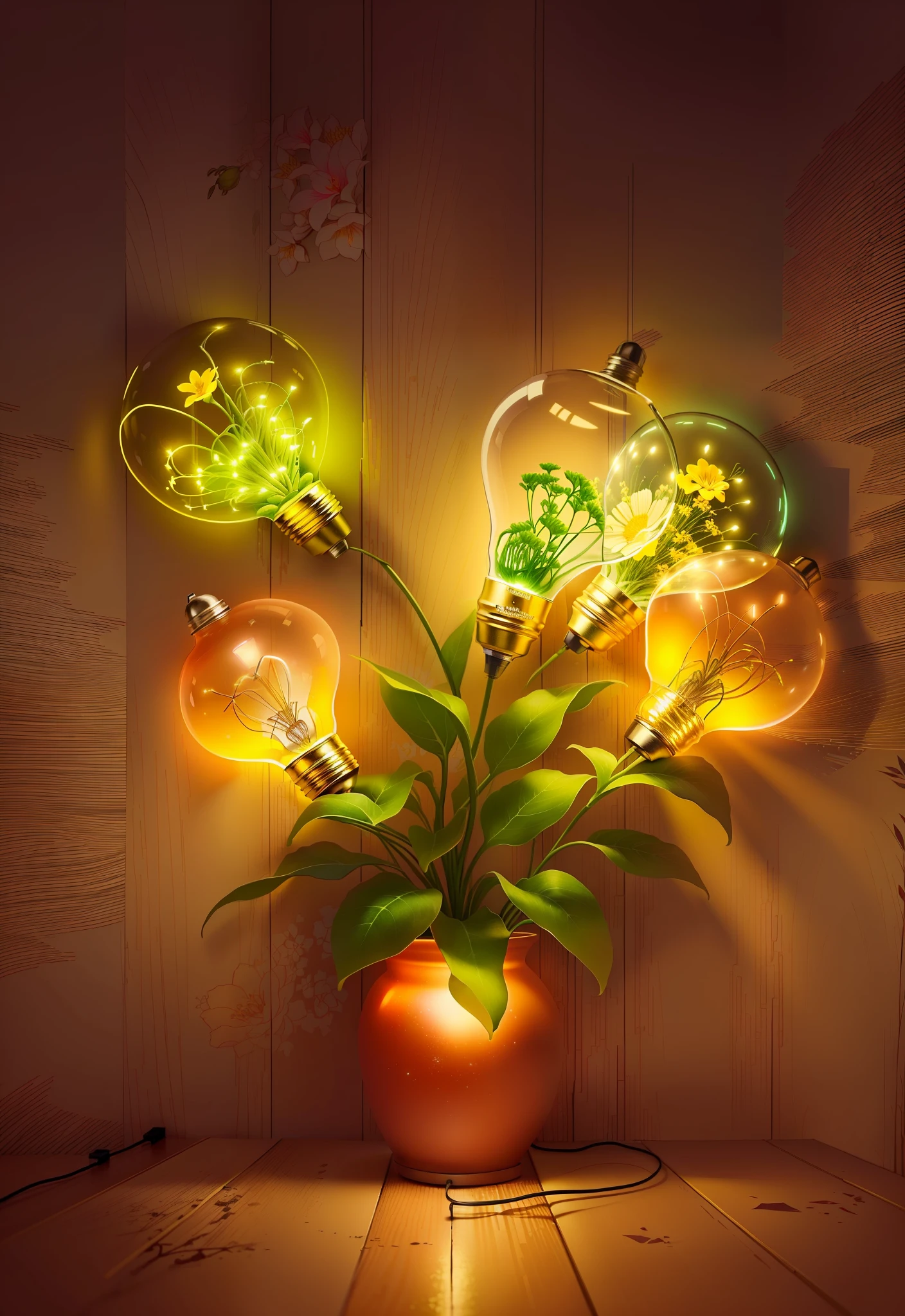 There is a plant，There was a bunch of light bulbs inside, Glowing lights! Digital painting, Glowing plants, lamps and flowers, glowing lamps, yellow artificial lighting, lights with bloom, Some bulb lights, warm illumination, amazing wallpapers, luminouslighting, Lights on, lightbulb, High quality wallpaper, wallpaper - 1 0 2 4, lightbulb, Glowing flowers