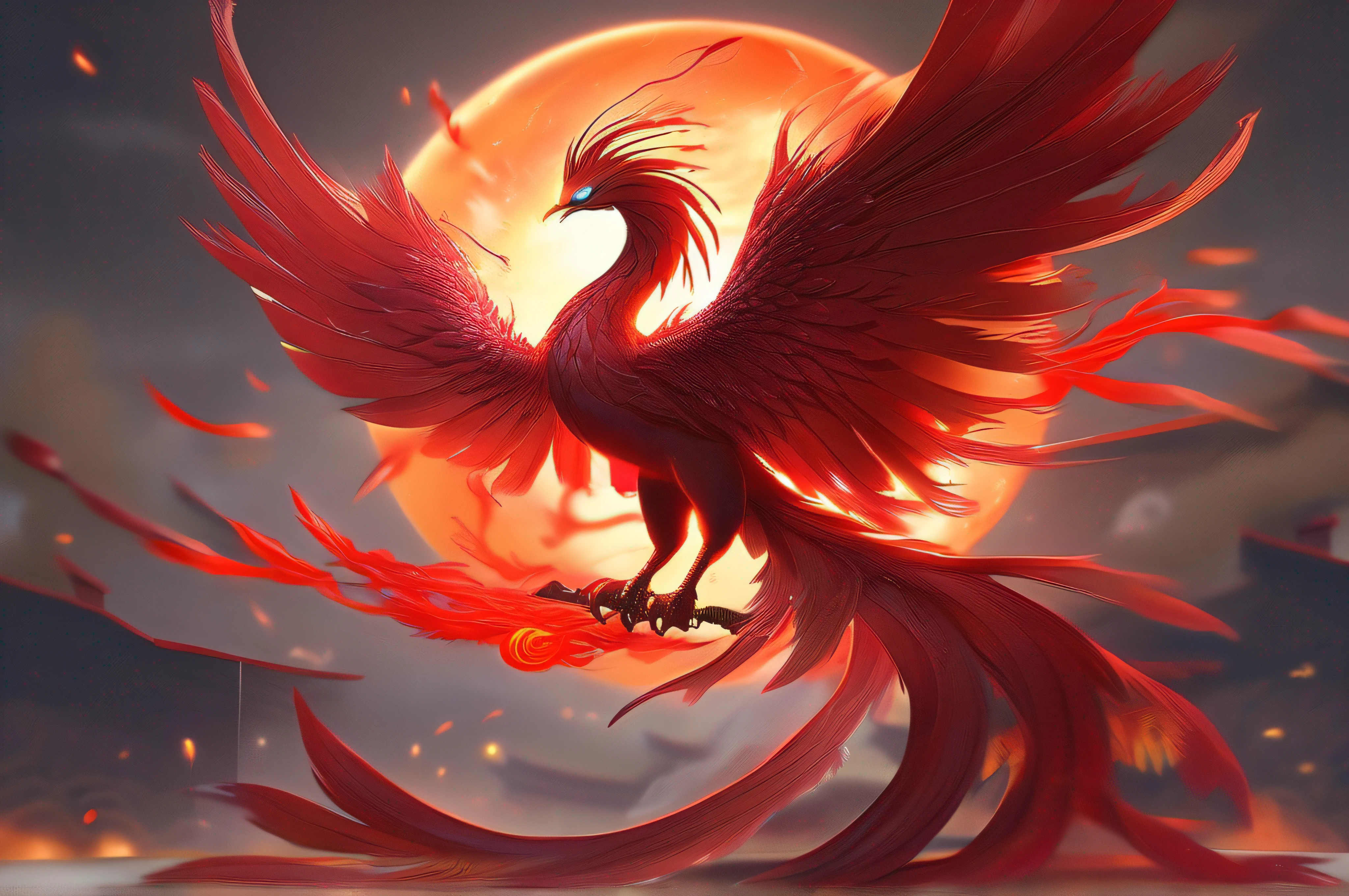 ((Best quality)), ((Masterpiece)), Beautiful phoenix,Harnessing the red flame,with a red sun in the background,super clear detail,超高分辨率,Reasonable composition,Super clear