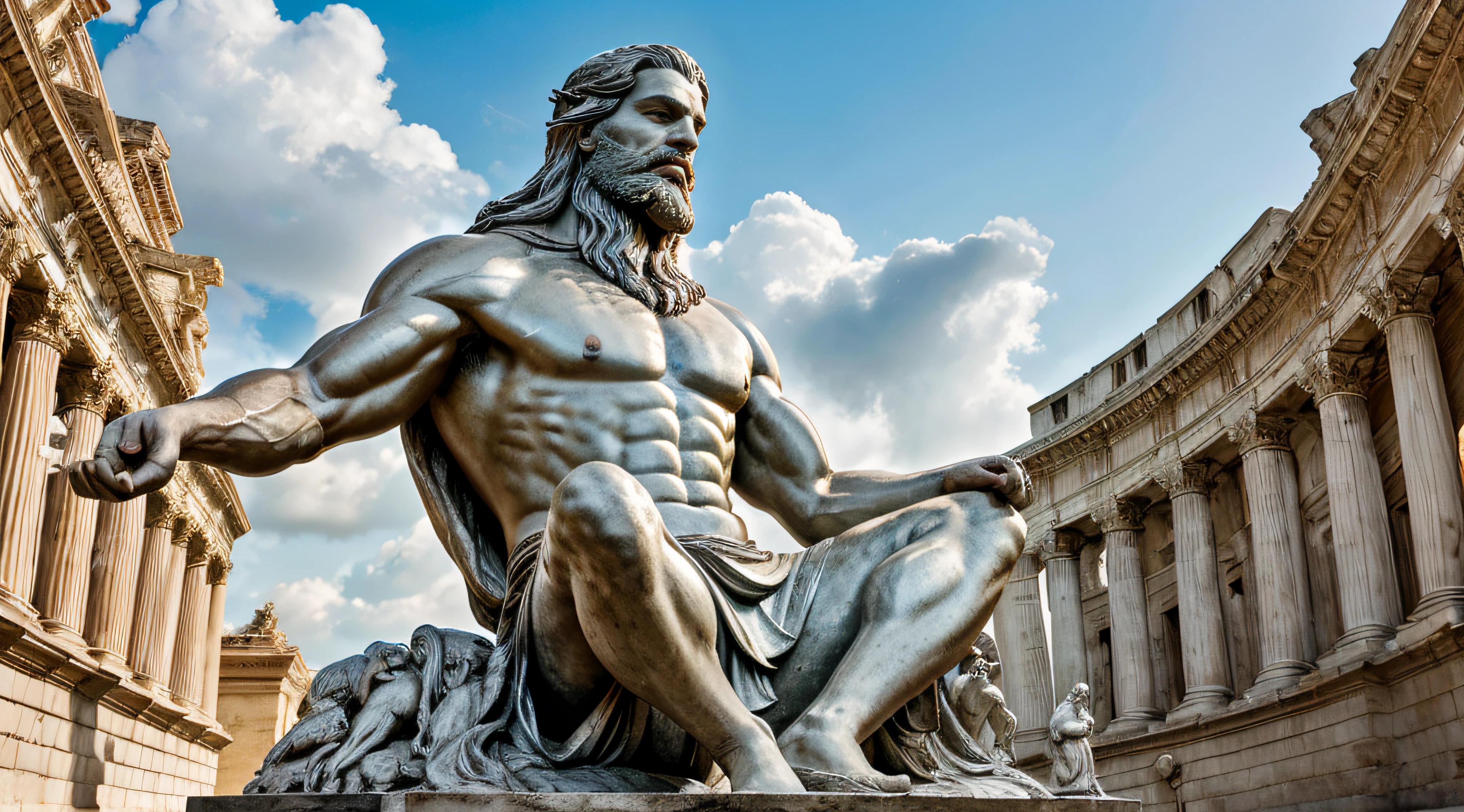 "A magnificent statue depicting a stoic man, resembling the godlike presence of Zeus, with a majestic flowing beard. The statue is crafted in stunning white and silver, evoking the essence of inner peace found in the serene retreats of Rome."