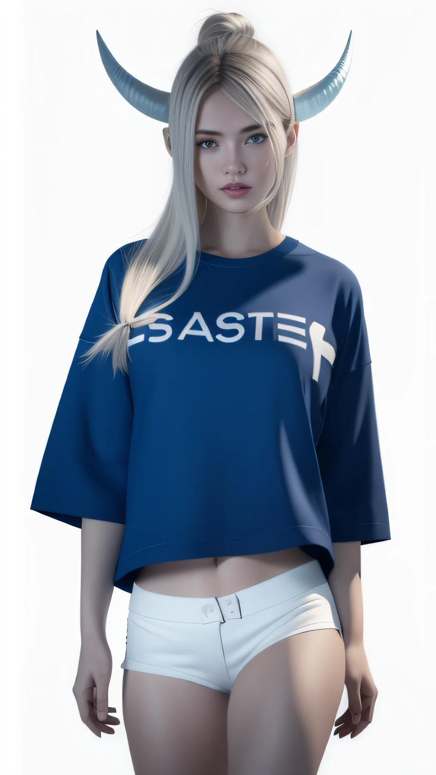 arafed female in a blue shirt and white shorts with horns, realistic clothing, ahestetic, rasterized, official product photo, a tshirt. blender art, realistically rendered clothing, casual clothing, masterful print. 4k, cropped wide sleeve, official product image, 3 d raytraced masterpiece, radiosity rendering, frostbite 3 rendered, ealistic