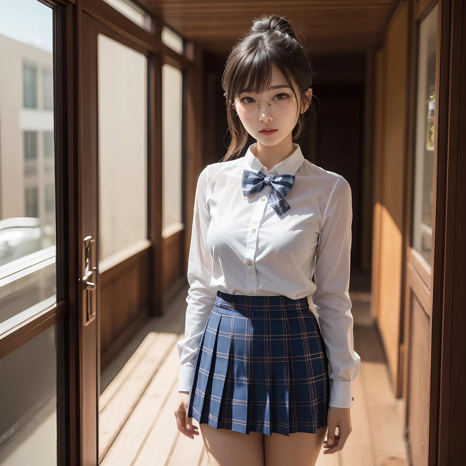 (8K、Raw photography、top-quality、masterpiece:1.2),full body Esbian,masterpiece,top-quality、超A high resolution,Raw photo,ren,Beautiful fece,One Person, 独奏,eye glass,,Dark look,Small breasts,fullllbody,Round glasses、cute little、A Japanese Lady,is standing,(Tight eyes,Bullish,skinny,Rasping,irate,small tits,flat breast)、(Photorealsitic:1.37)、Photon mapping,Light blue ribbon,Realistic、Cute little face,Brown-eyed、Black socks、Red bow tie、Radio City、Physically Based Rendering、Foreground、depth of fields、Blurry background、a picture,The girls、Body, Long legs, Thin leg, Single knot ponytail,Let your hair flow forward、(Bangs are visible), hair, s lips, Blue_The eye, nosesoft, Light blue shirt, Navy blue and blue and white plaid pleated skirt, Sheer clothing,, Thigh, Black cotton socks,Nogizaka Idol, 女優, Japanese ido