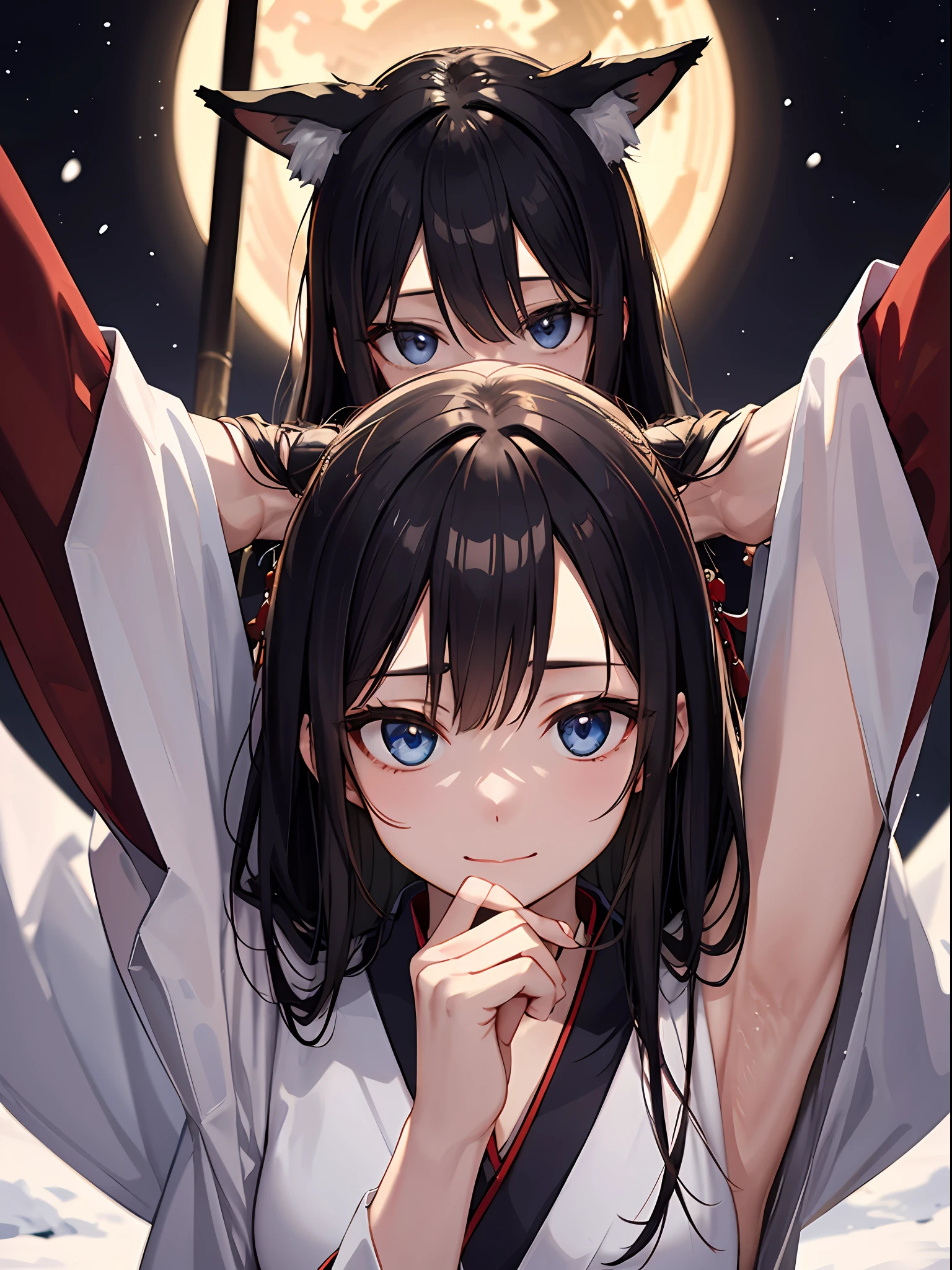 (absurderes、hight resolution、ultra-detailliert)、facial close-up、Facial emphasis、focus on face、One lady、a beauty girl、long straight hair、shiny and beautiful hair、blue eyess、bangss、long-sleeve、Finely drawn eyes and detailed faces、highlight in eyes、Hands without breaks、Abundant lighting、extremely detailed CG unified 8k wallpaper、intricate detailes、portlate、gaze、独奏、Half Shot、Fine drawing face、 soft smiling、Dynamic poses、Classical period、(Ancient Japan themed:1.1)、Japan myths、fox ear、japanes、Regulations、Person Japan blue kimono、Floral kimono、Ancient theme、(Prosperous civilization:1.1)、moon in background、(snow-white:1.1)shrines、torii gate、Japanese landscape、Fushimi Inari in the background、Fox mask on the head、Fantastical、dream-like、Dancing Light、lanthanum、Solemn evening、The Darkness、stele、portraitures、电影灯光