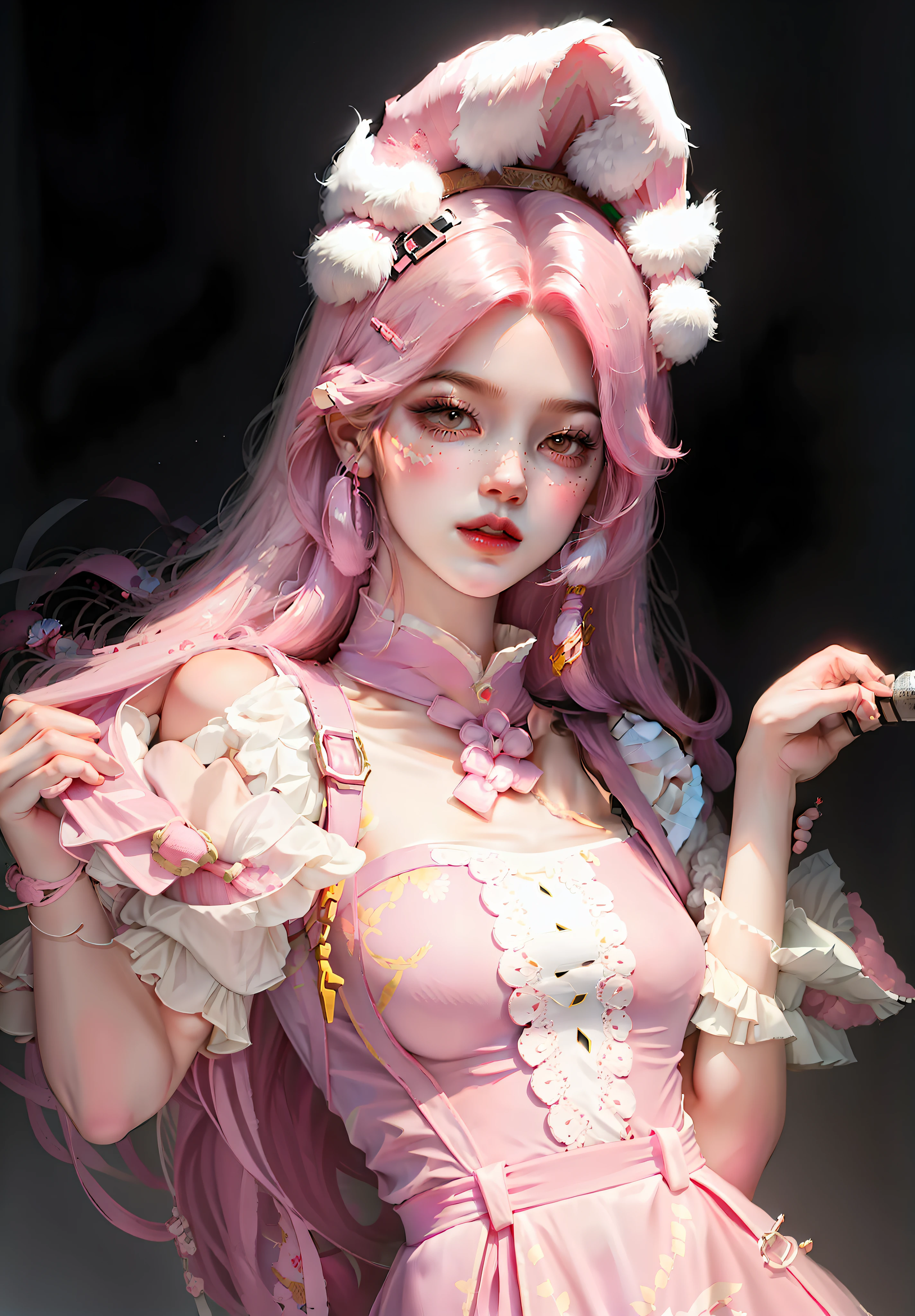 Two-dimensional face,Do not open your mouth,Hold the microphone with both hands,The clothes on the chest have a rabbit pattern,Pink legs,white stockings,Pink stage background