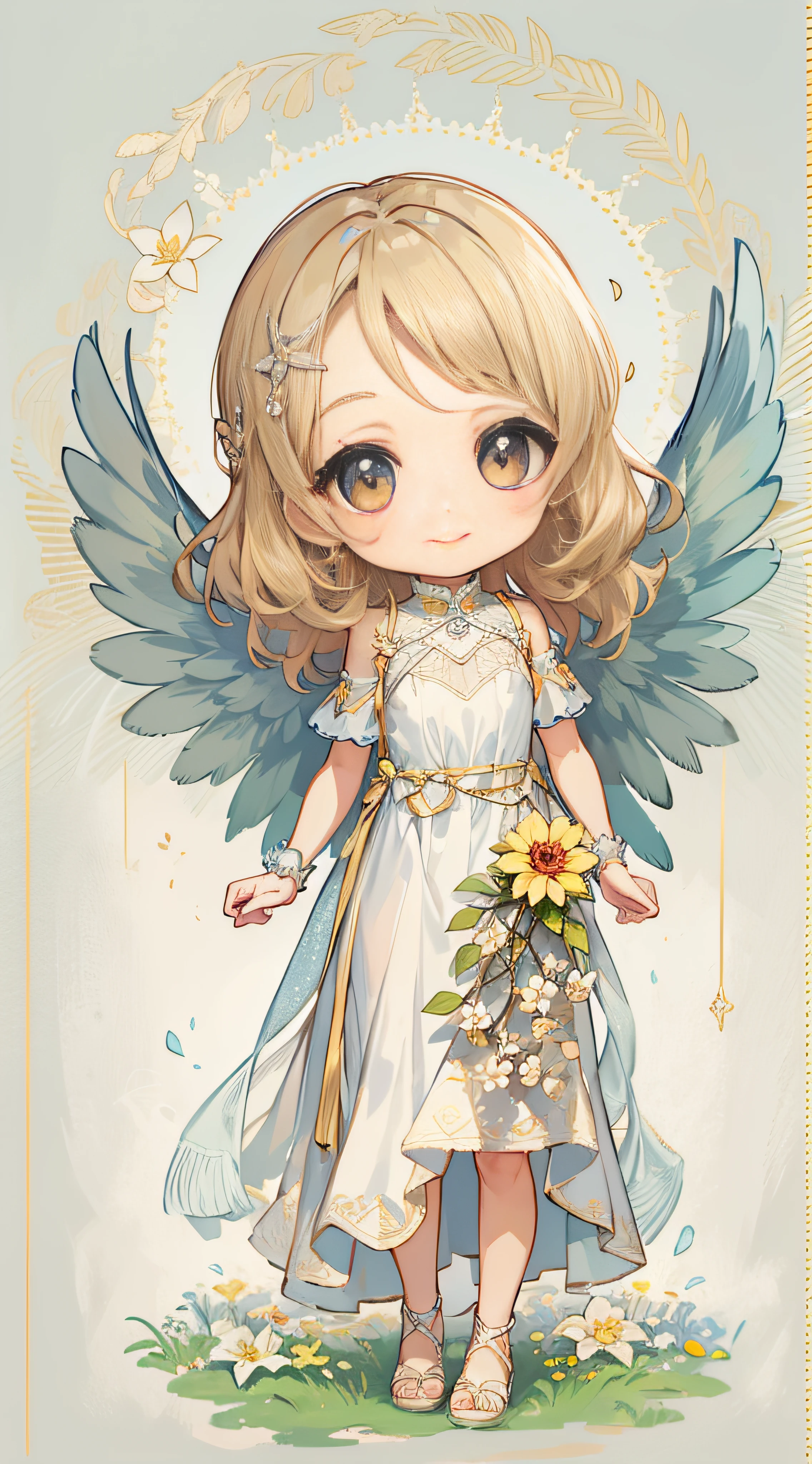 Little Angel, estilo chibi, With angel wings, Gentle smile, holding a flower, Vintage Long Dresses、colorfull dress, Isolated on plain white background, Show full body