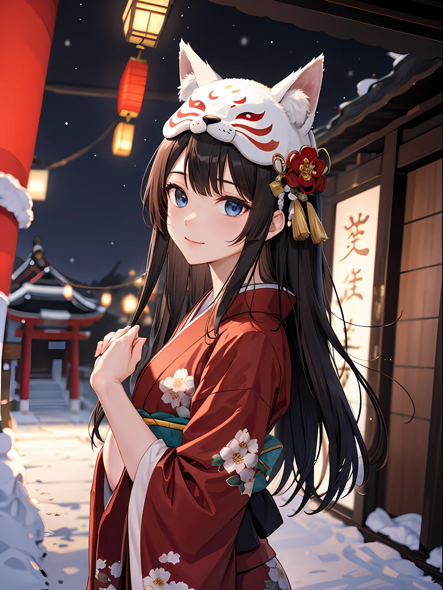 Anime girl in kimono outfit with cat ears and a red lantern - SeaArt AI