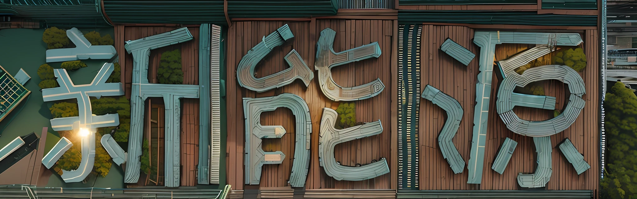 There is a sign on the side of the building,It says free meals, Broken neon signs, Guibli. rendering by octane, Shabby neon signs, anton fedeev, fragmented typography, greeble detail, Inspired by Peter Glick, author:Afewerk Tekle, author:Li Tiefu, greeble, author:Lee S., c 4 d style
