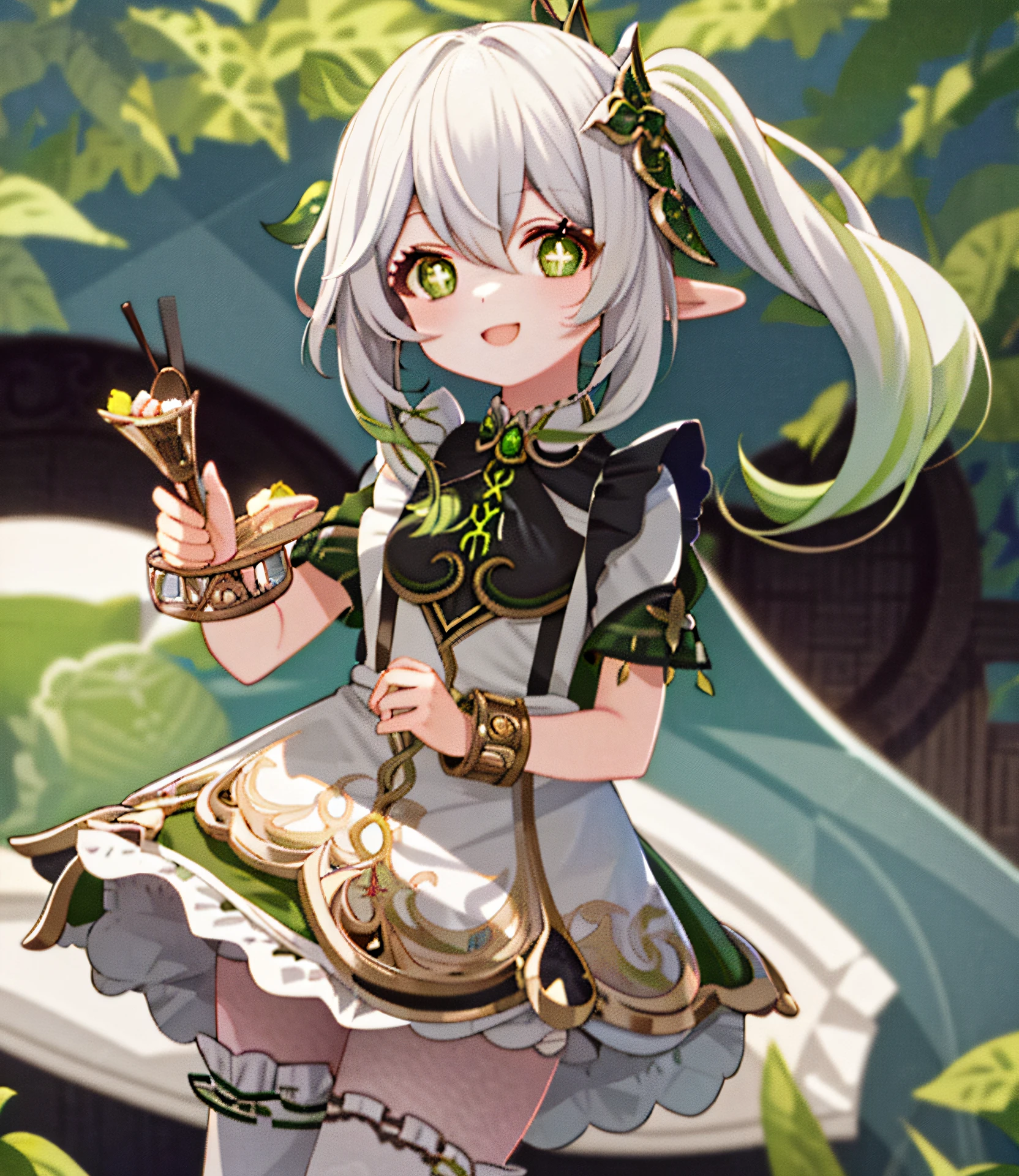 masterpiece, best quality, 1girl, solo, nahida_genshin, cross-shaped pupils, maid outfit, green cape, standing
