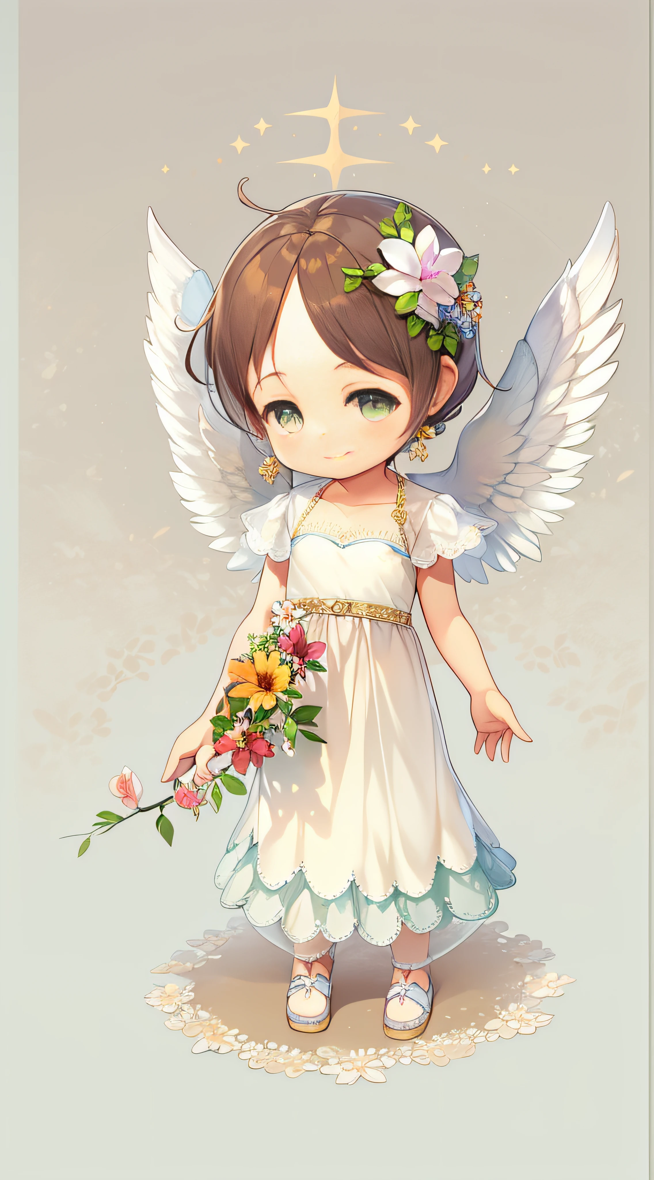 Little Angel, estilo chibi, With angel wings, Gentle smile, holding a flower, Vintage Long Dresses、colorfull dress, Isolated on plain white background, Show full body