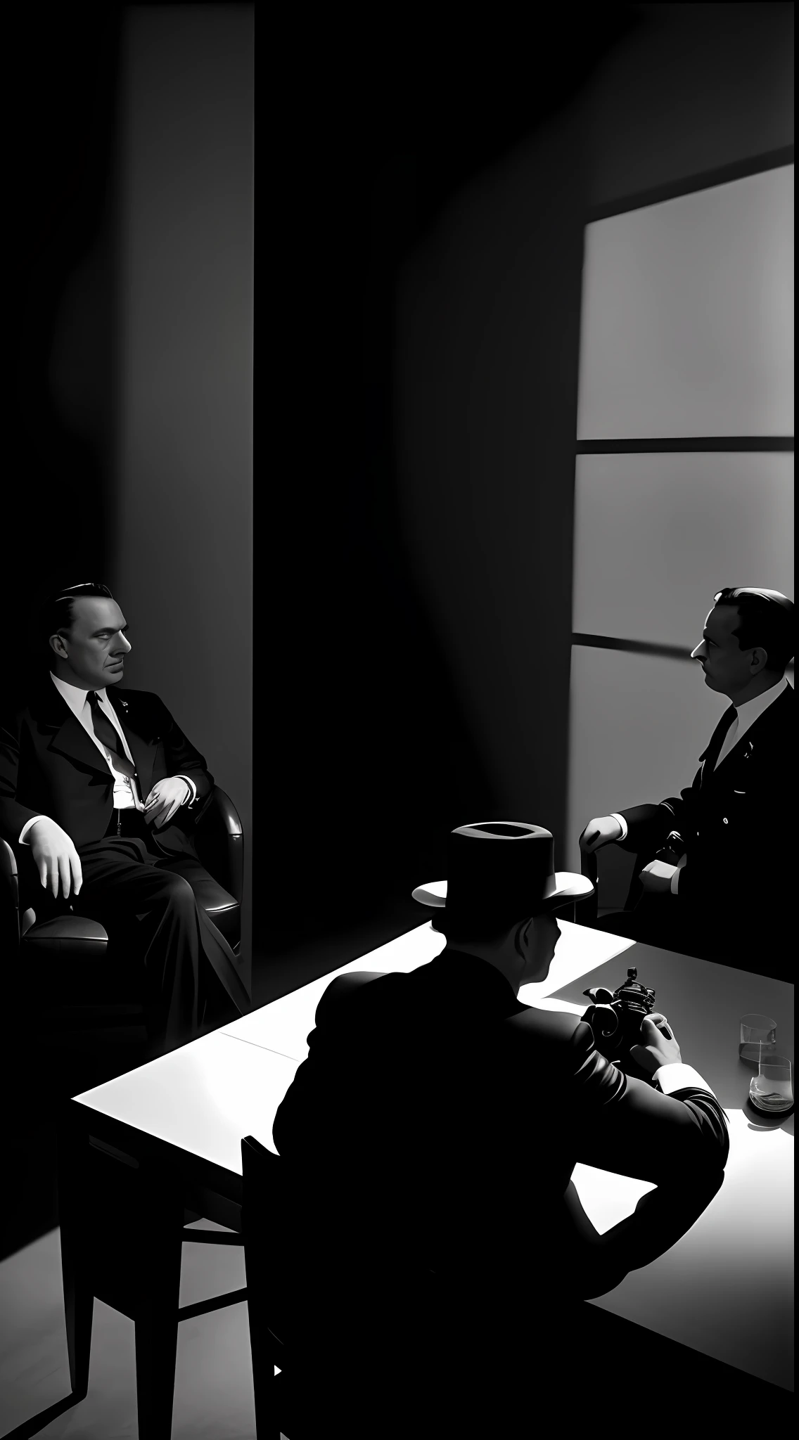 {A vintage photograph of a secretive warfare advisor dressed in a black leather coat, engaged in a clandestine meeting with a Latin American dictator. The room they're in is dark and emanates a sense of covert operations. Their faces are obscured by shadows, adding to the overall enigmatic atmosphere. The image is set in the 1950s, suggesting that this meeting was secretly documented.}, Photograph, Film Noir Style, Inspired by Mid-century Espionage Films, Shot with a Hidden Camera, Medium Shot, Rendered in high-resolution black and white filmic render with emphasis on (shadows:1.2) and (contrast:1.2).