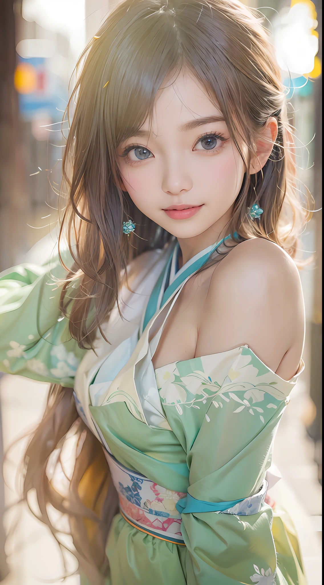 masterpiece, 1 beautiful girl, Detailed eye, Swollen eyes, top-quality, 超A high resolution, (reality: 1.4), 电影灯光, japanes, a asian beauty, Korea person, very extremely beautiful, Beautiful skins, A slender, Forward-facing body, (A hyper-realistic), (hight resolution), (8K), (ighly detailed), ( Best Illustration), (beautifully detailed eyes), (ultra-detailliert), (wall-paper), 详细的脸, Bright lighting, Professional Lighting, looking at the viewers, Facing straight ahead、short-hair、Neat and clean clothing、background slightly blurred、Street Trees、Hair color is partially bright blue、doress、Amazing smile、